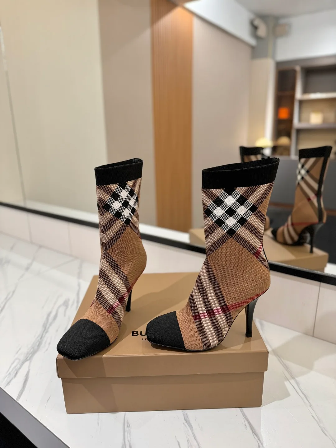 Burberry Check Knee-High Boots in Beige · view 6
