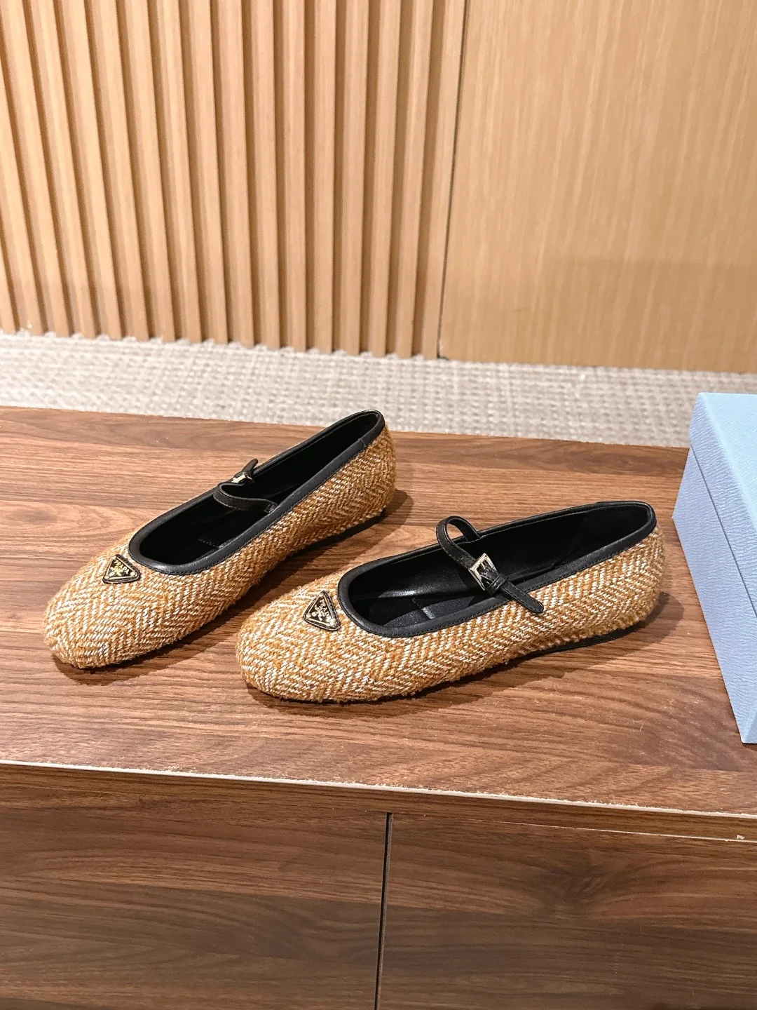 Prada Woven Round-Toe Mary Jane Flats in Beige · view 2