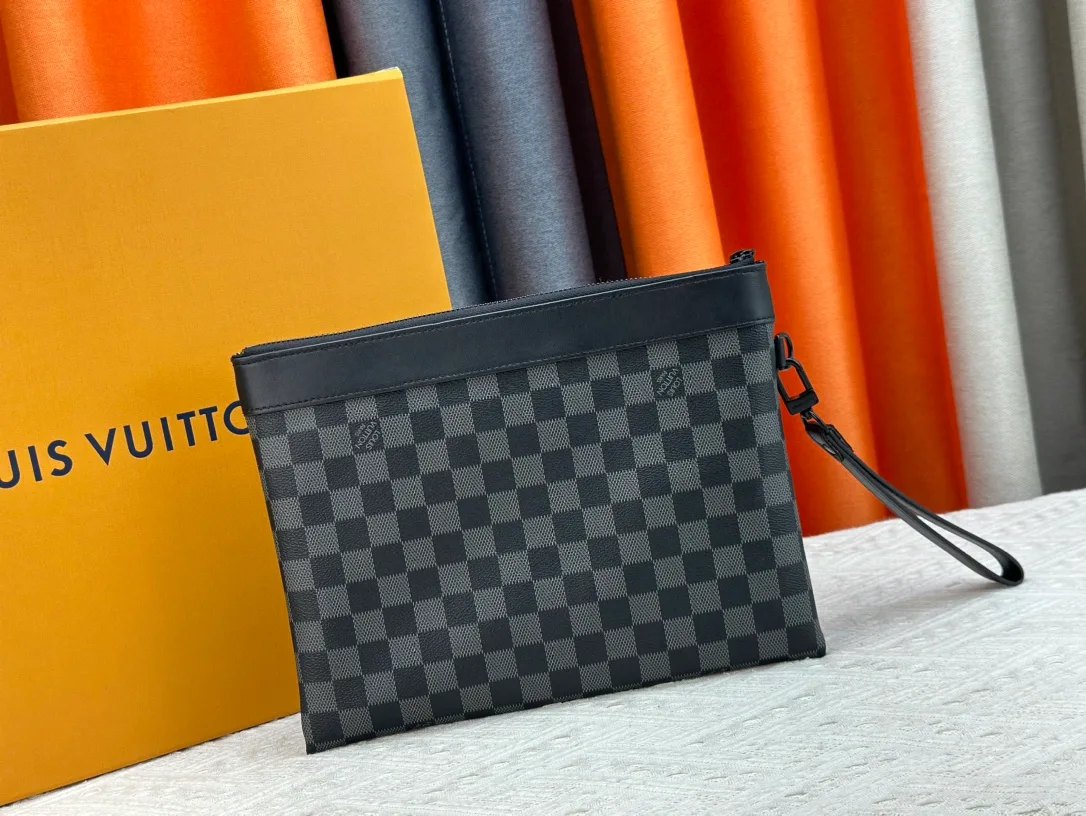 Louis Vuitton Canvas Check Damier Wristlet Pouch in Black · view 3