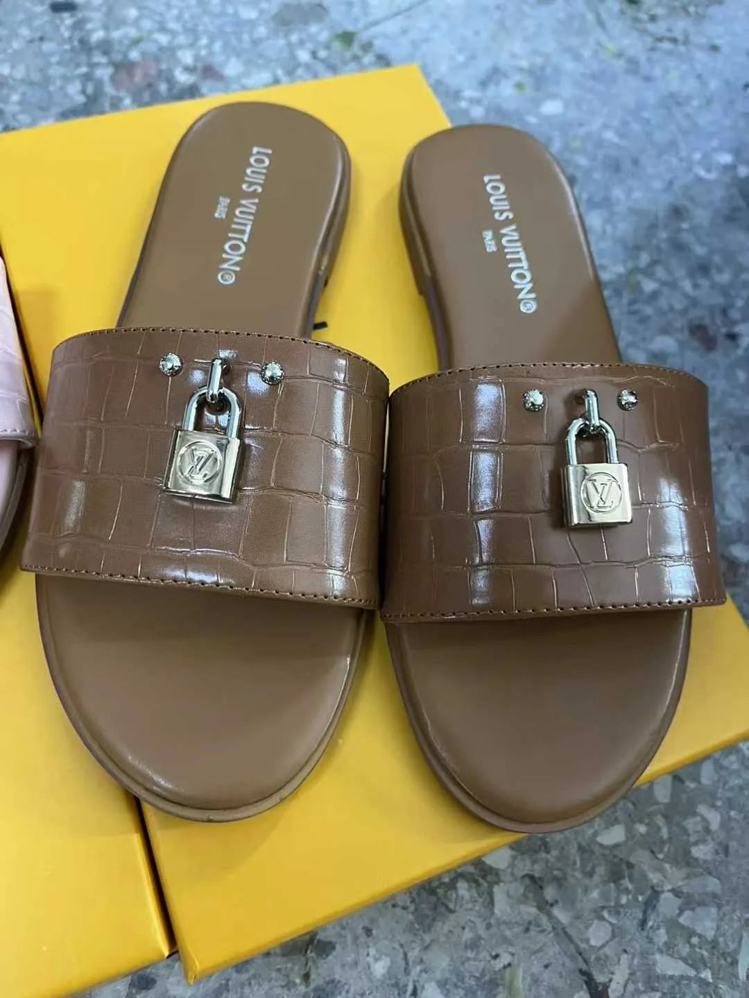 Louis Vuitton Lock Slides in Black & Brown & Pink · view 2