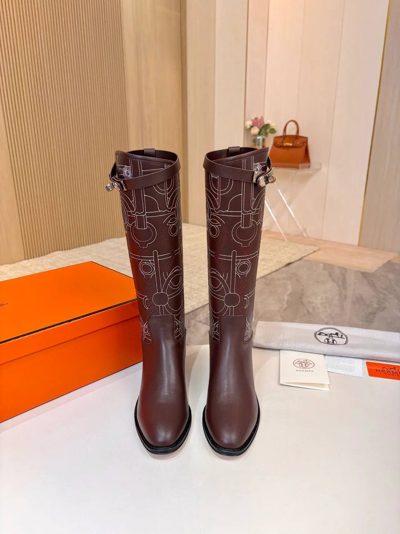 Hermes Cowhide Glossy Embroidered Pointed-Toe Boots in Brown · view 2