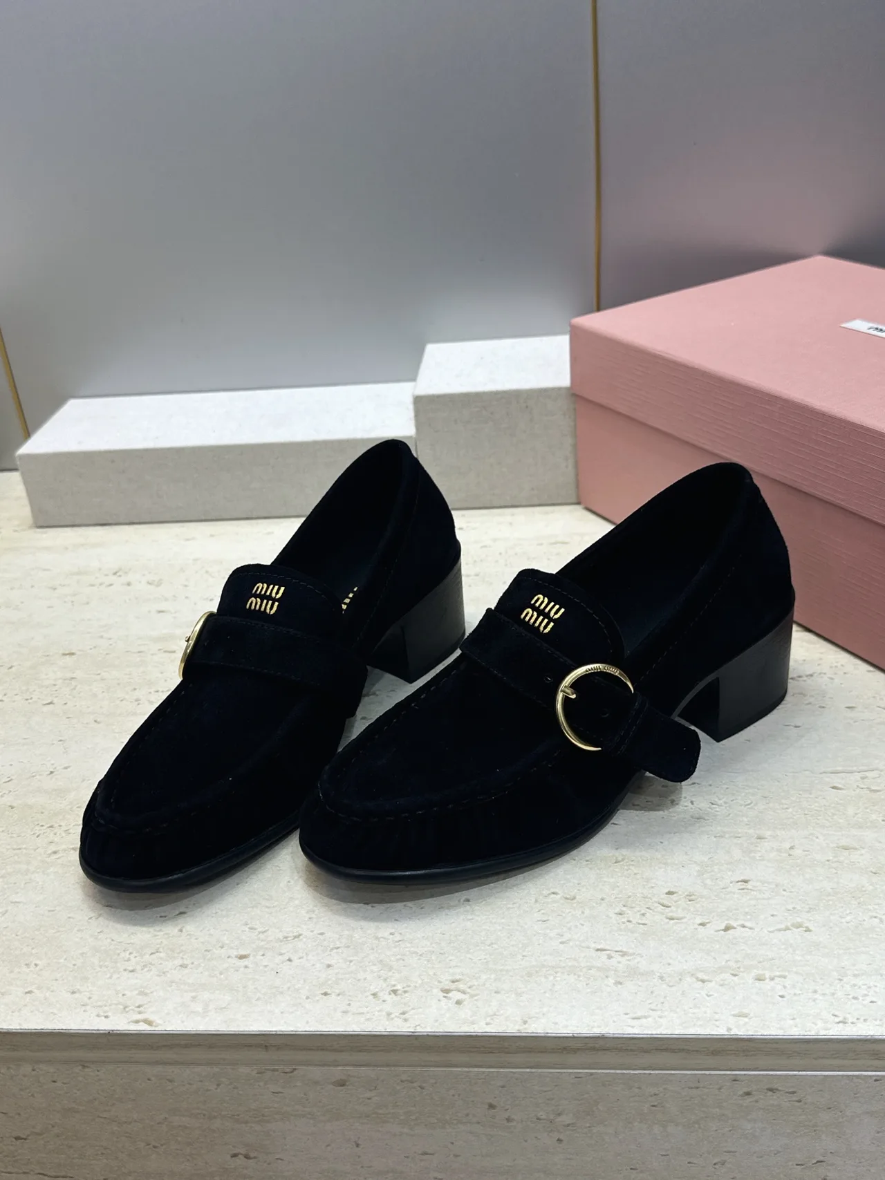 Miu Miu Cowhide Sheepskin Buckle Suede Heeled Loafers in Black · view 3