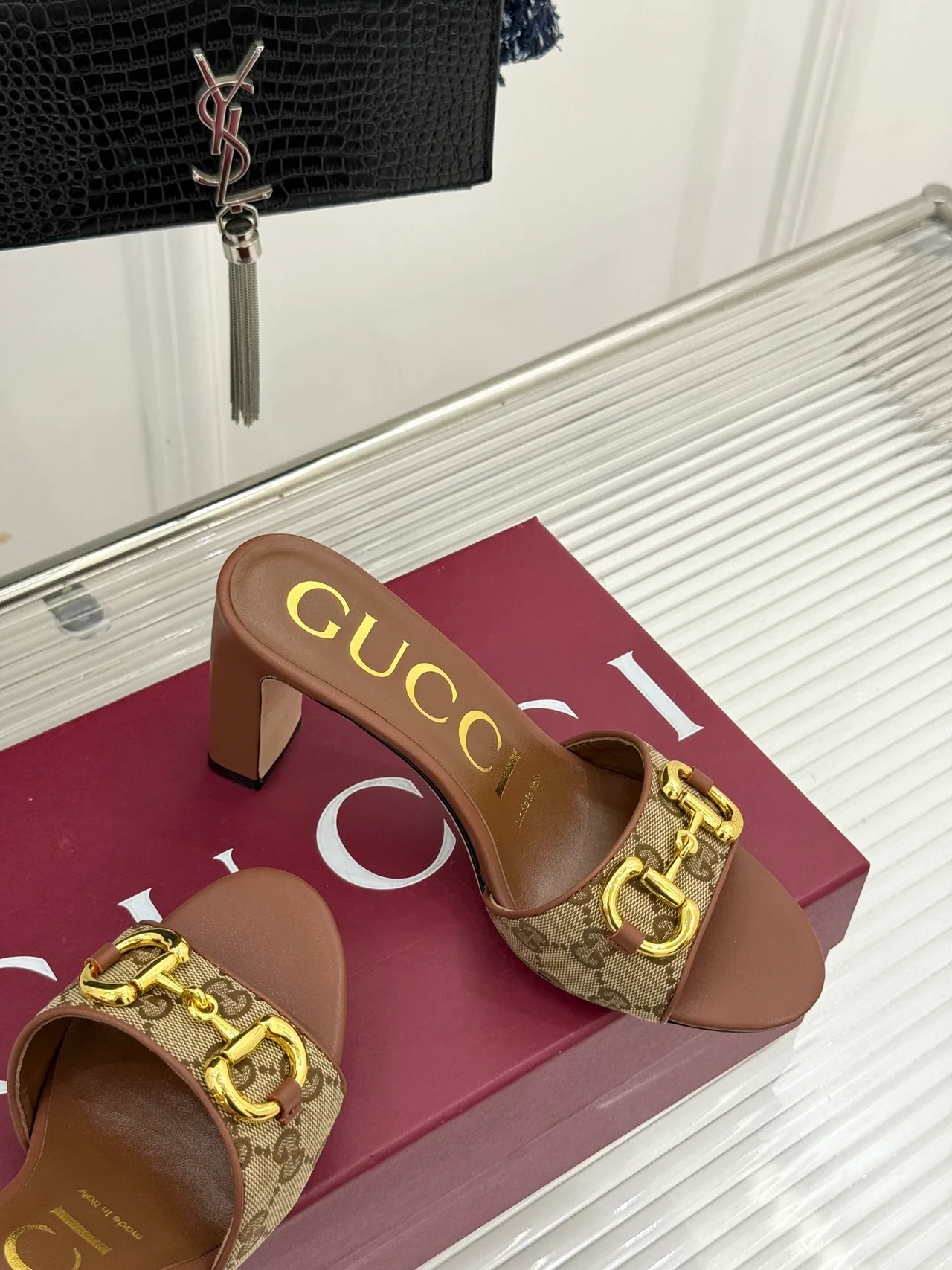 Gucci Canvas Denim Smooth Heeled Mules in Brown · view 5
