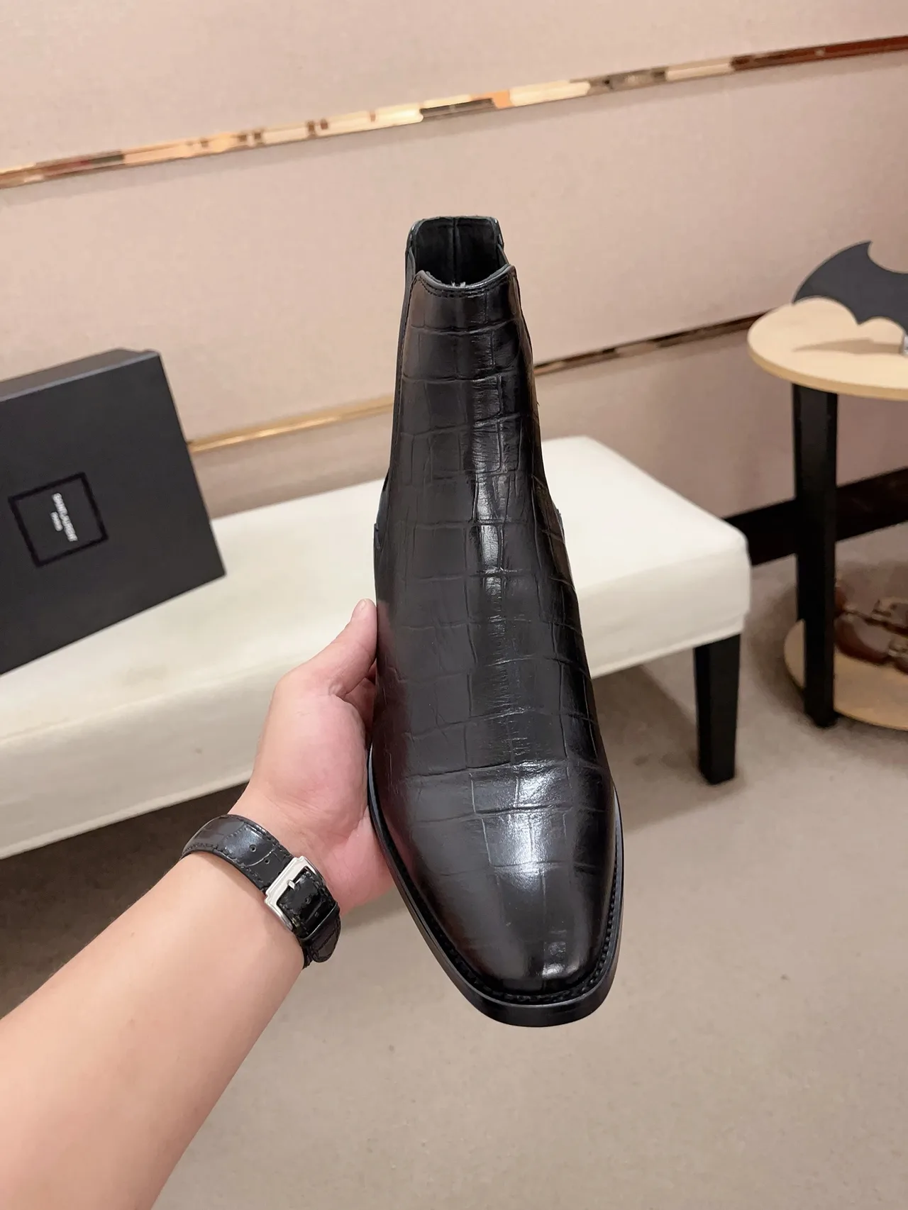 Saint Laurent Cowhide Glossy Pointed-Toe Ankle Boots in Black · view 4