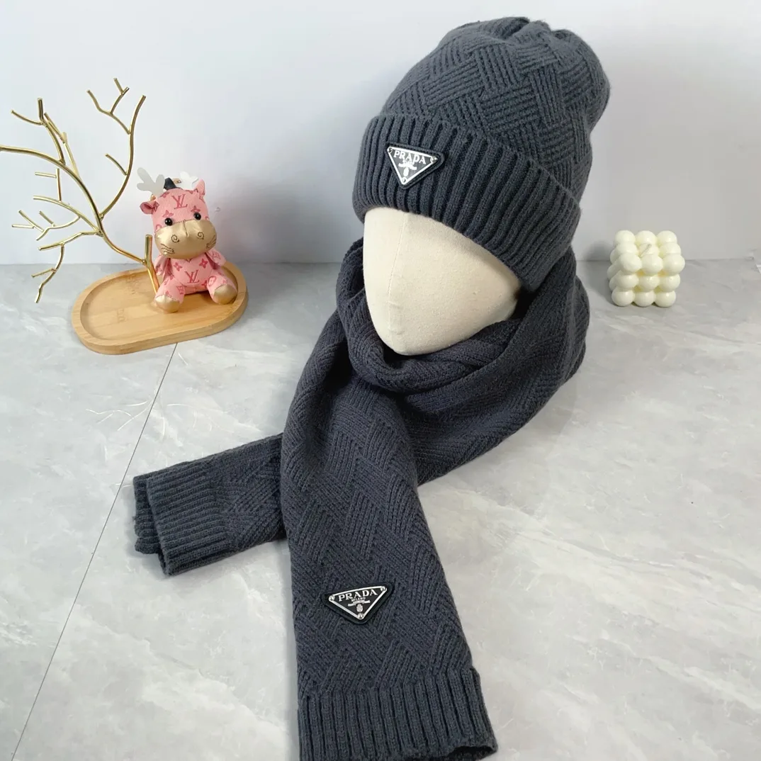 Prada Wool Ribbed Hat and Scarf Set in Grey · view 2