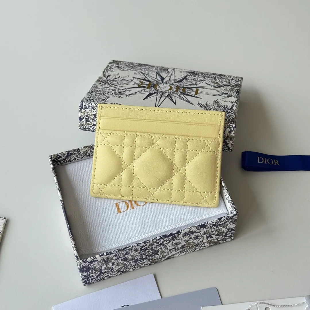 Dior Lambskin Quilted Glossy Bow Cardholder in Yellow · view 3