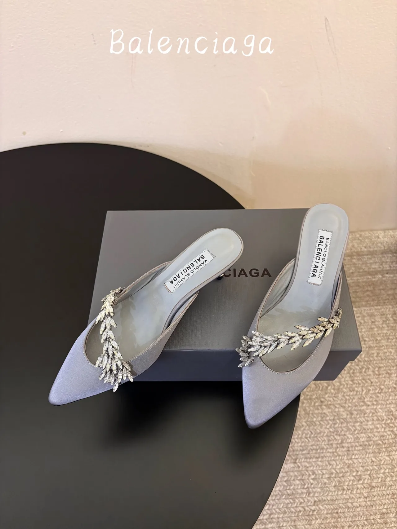 Balenciaga Silk Pointed-Toe Chain-Detail Mules in Grey · view 3