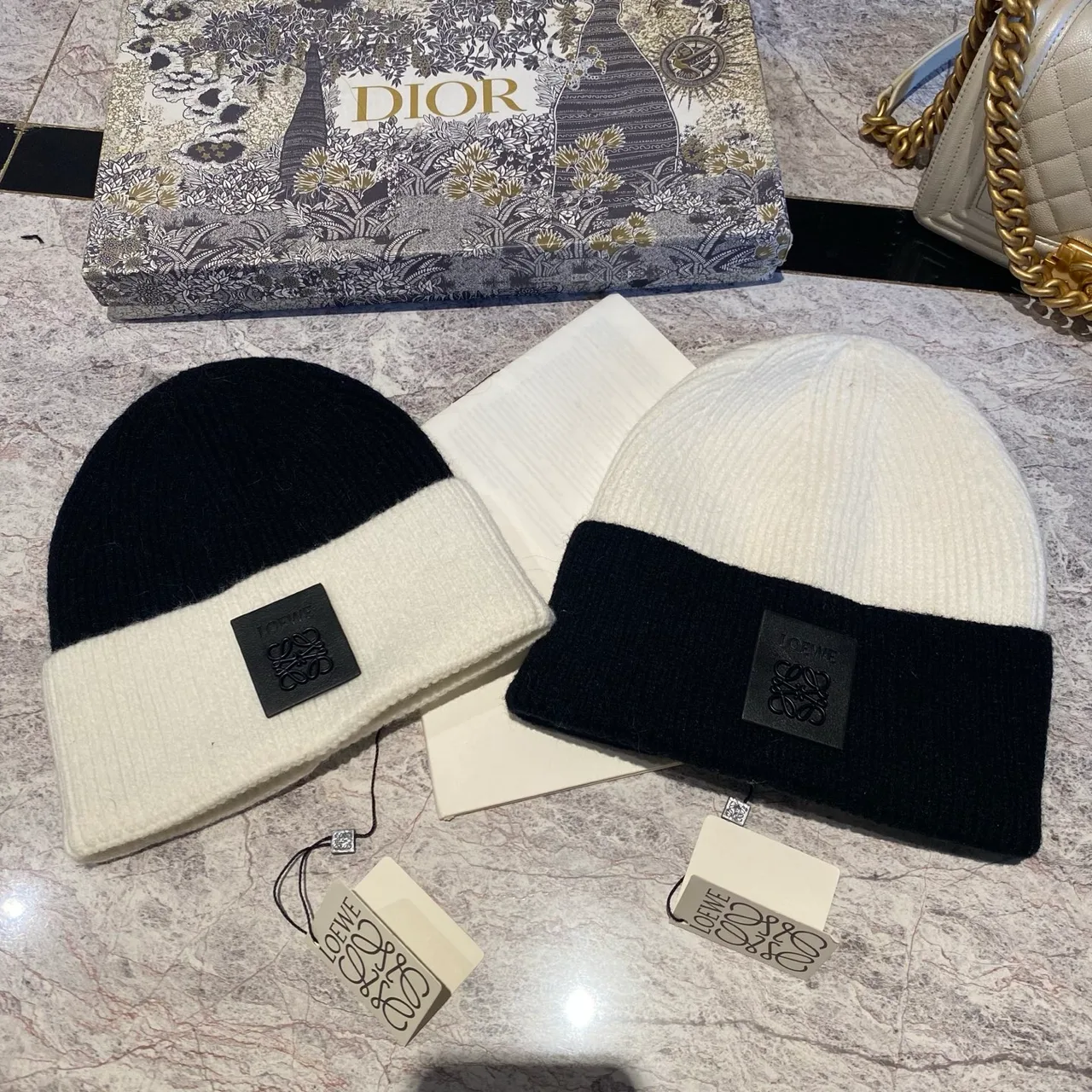 Loewe Colorblock logo-patch knit beanie in Black & Cream & Tan · view 7