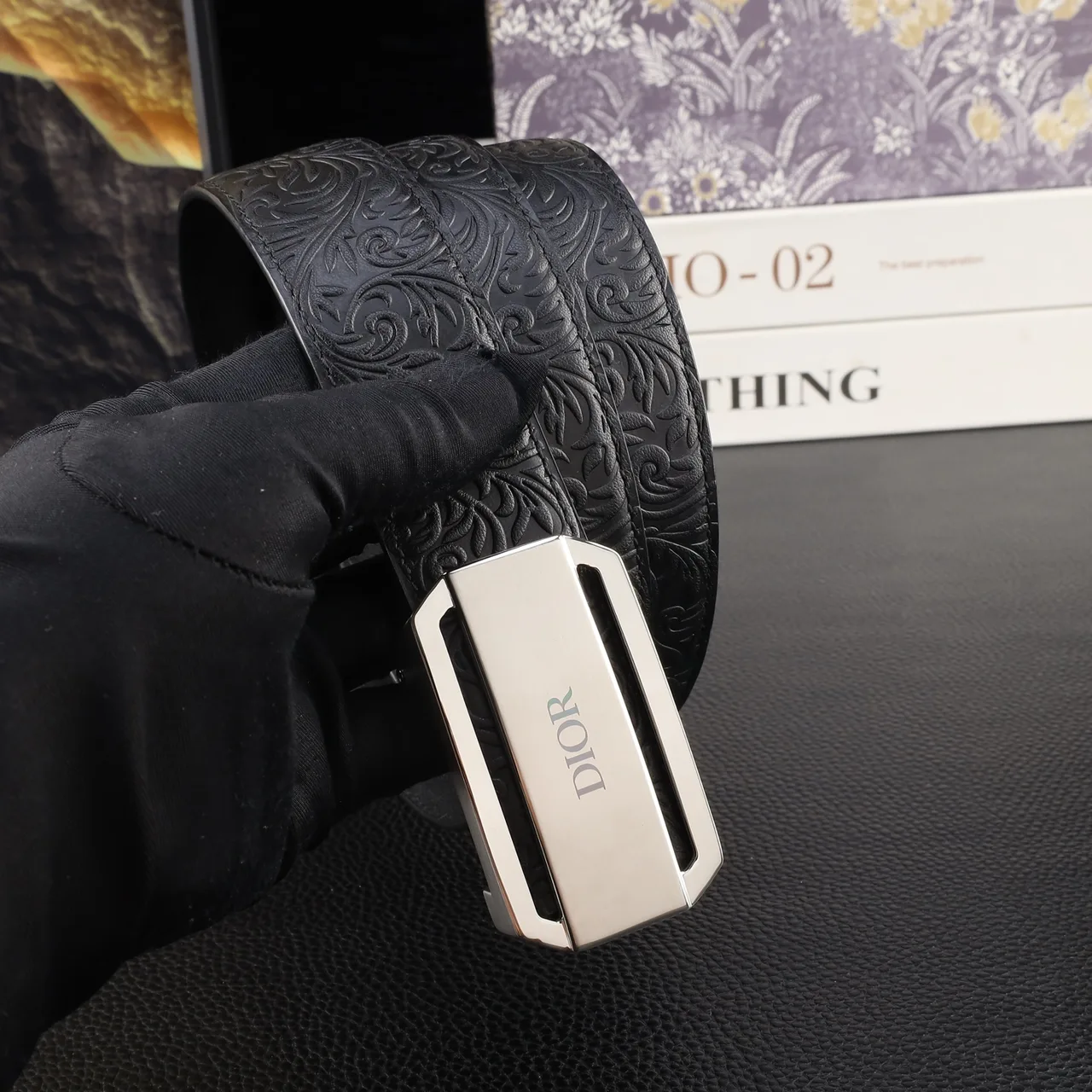 Dior Embossed Automatic Belt in Black · view 6