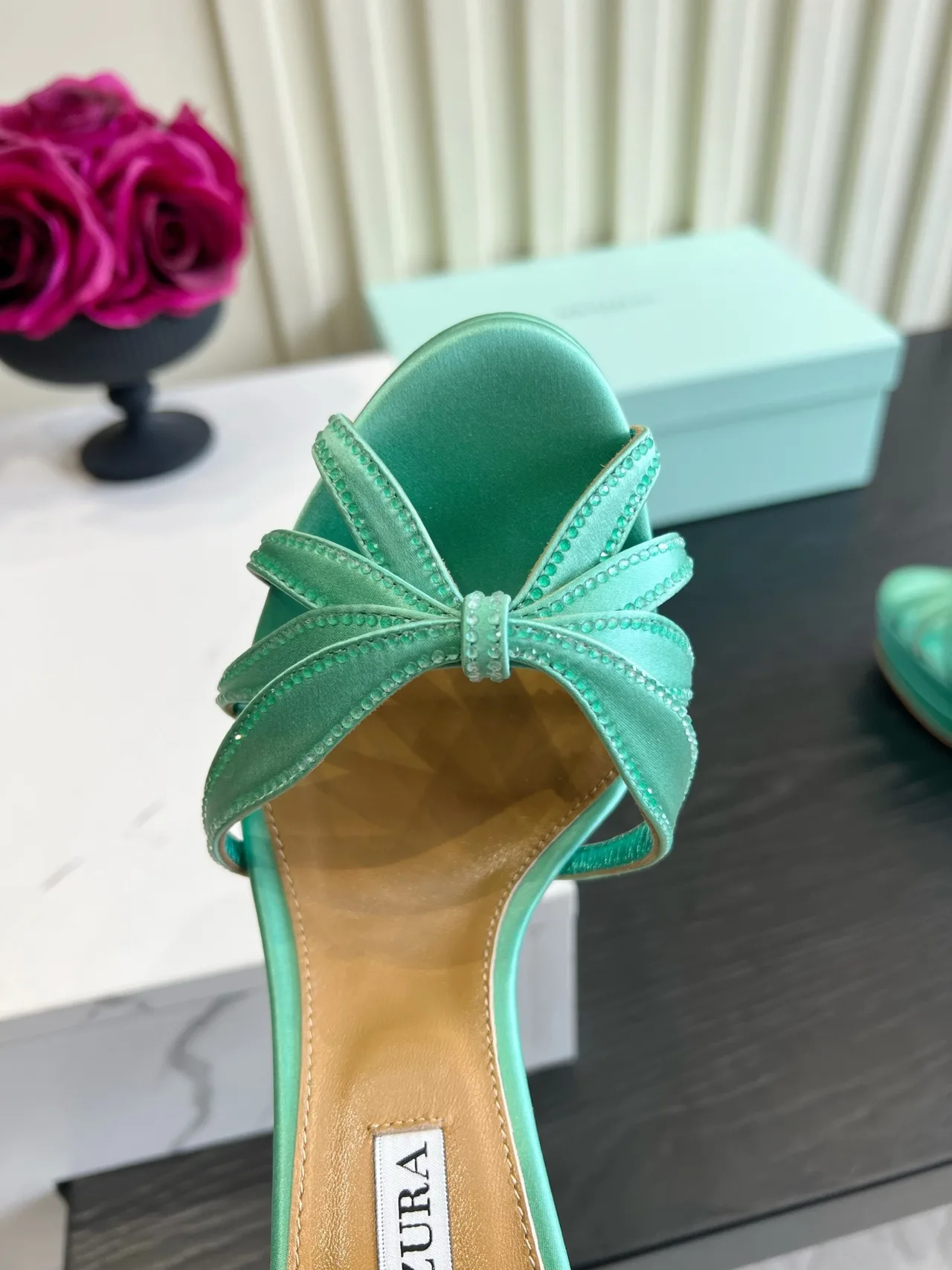 Aquazzura Silk Bow Platform Heeled Sandals in Green · view 7