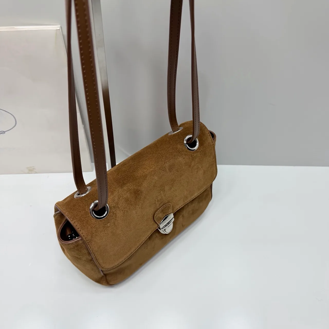 Prada Suede Flap Shoulder Bag in Brown · view 3