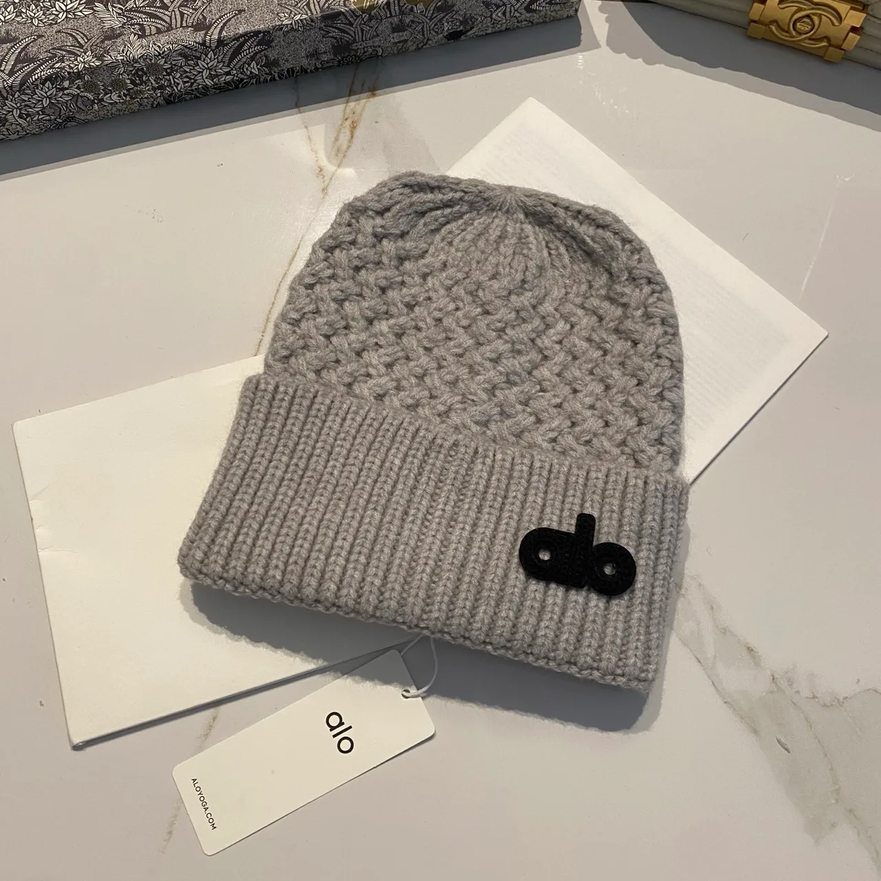 Alo Knit Beanie in Black & White & Grey & Beige · view 3