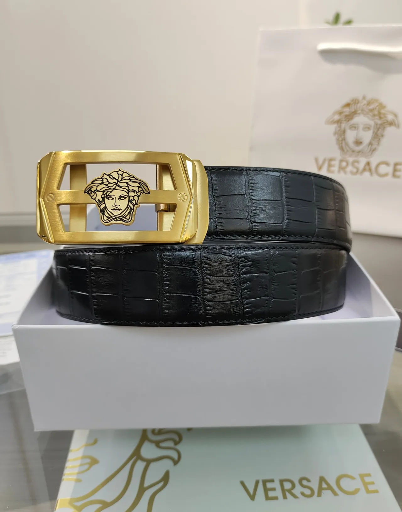 Versace Calfskin Belt in Black · view 2