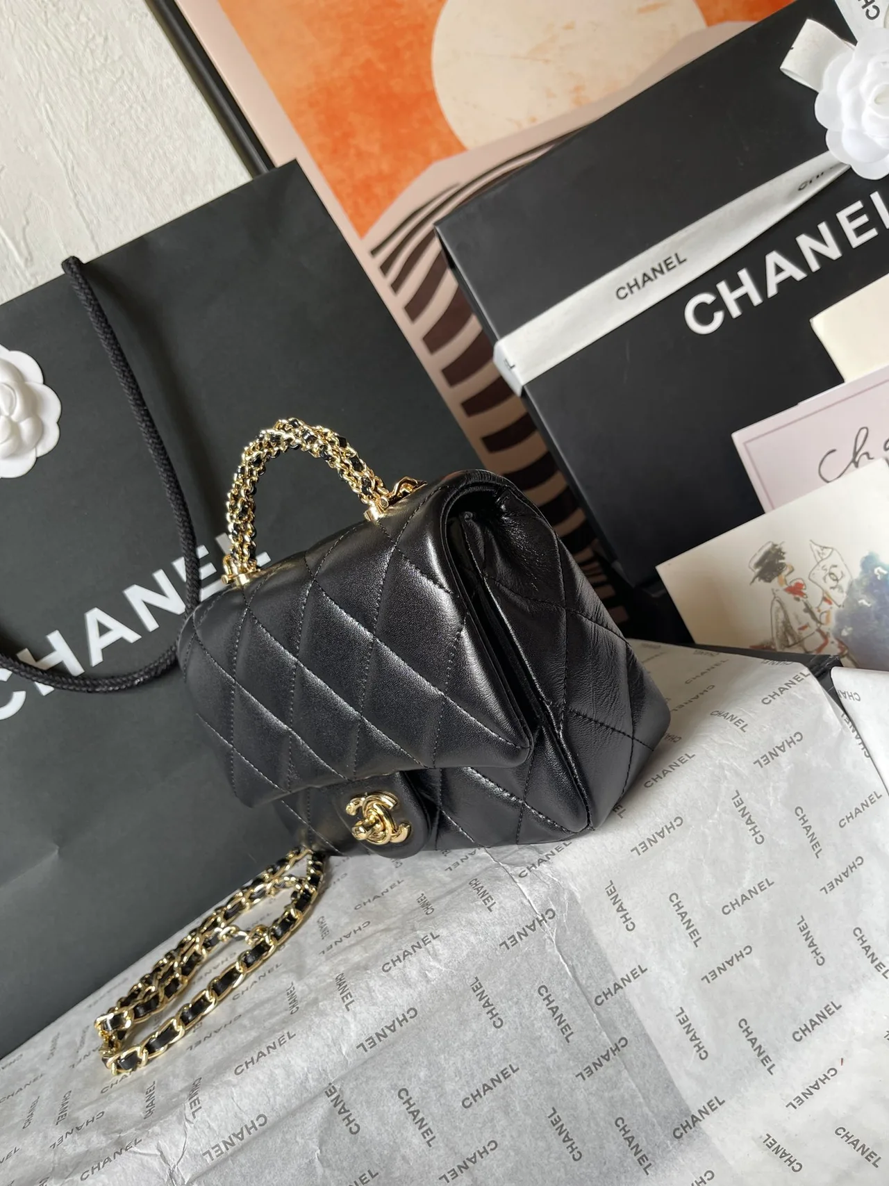 Chanel Sheepskin Quilted Handbag in Black · view 3