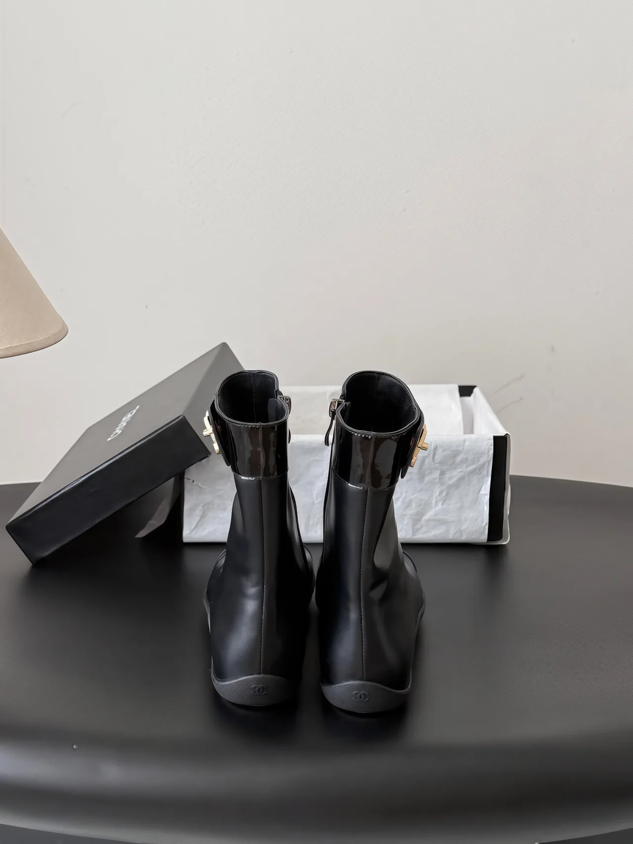 Chanel Cowhide Glossy Round-Toe Boots in Black · view 5