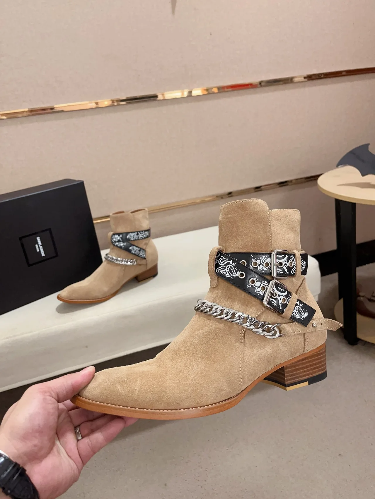 Saint Laurent Cowhide Suede-Look Square-Toe Ankle Boots in Tan · view 3