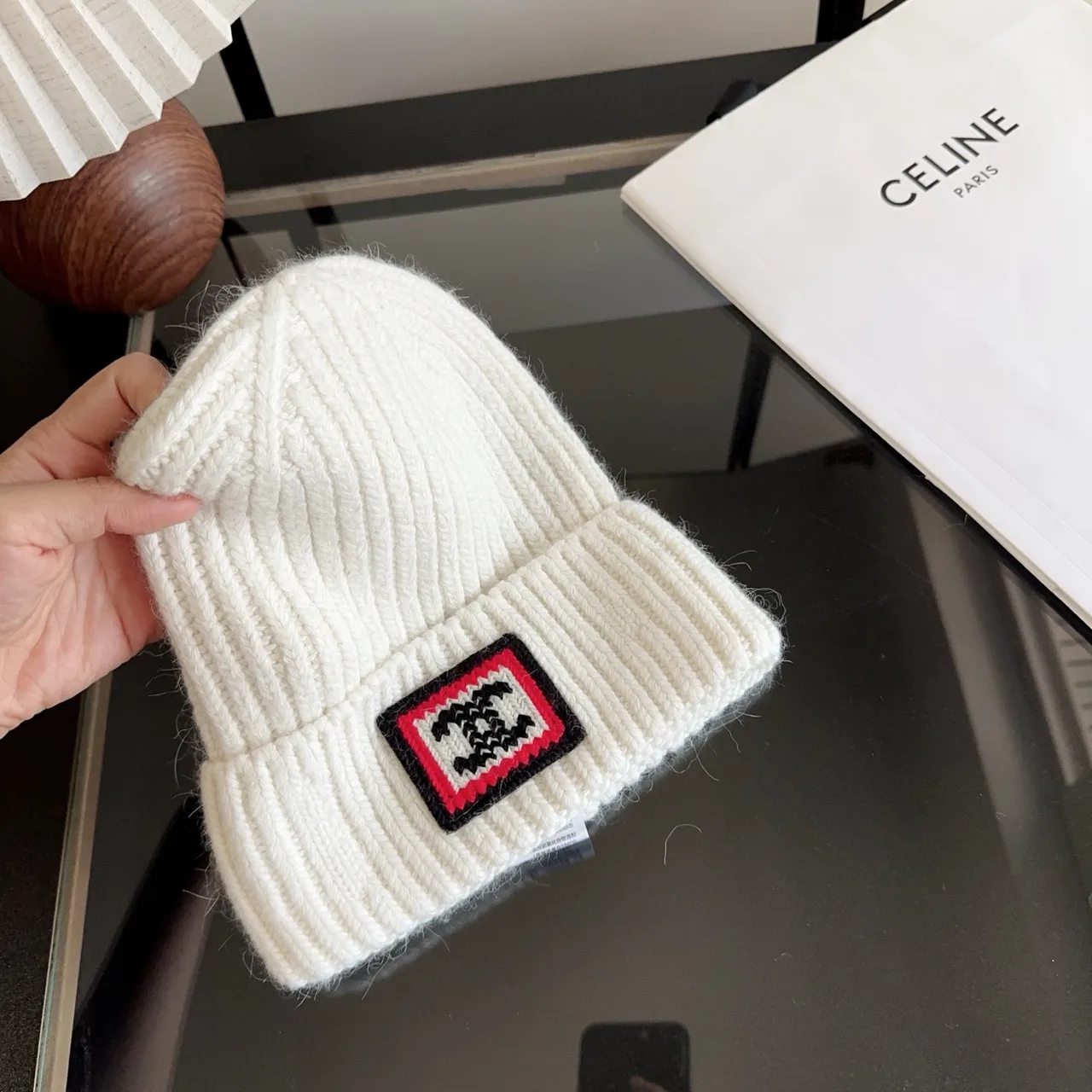 Chanel Patch Ribbed Beanie in White & Black & Blue & Grey · view 6