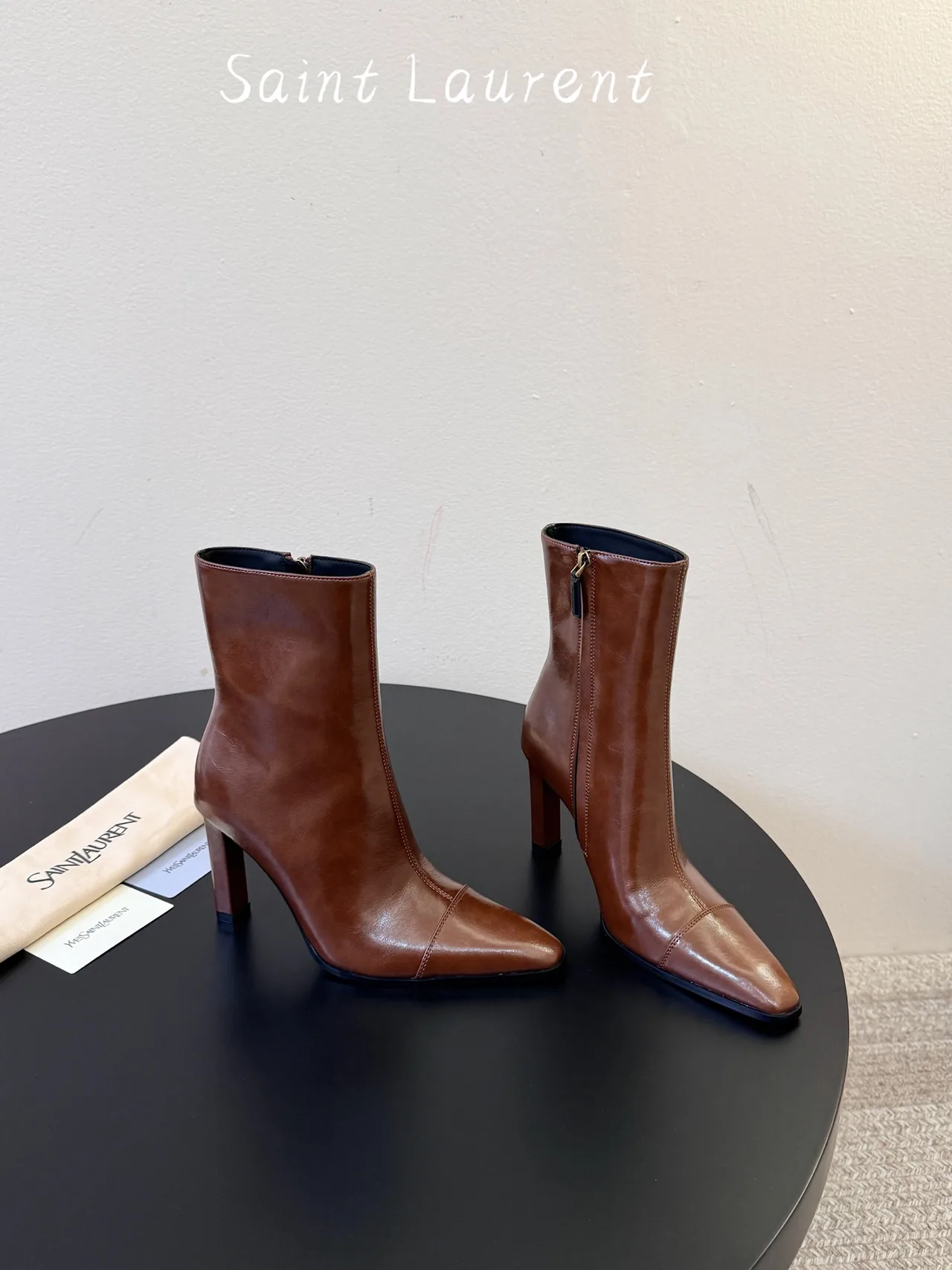Saint Laurent Glossy Square-Toe Ankle Boots in Brown · view 4
