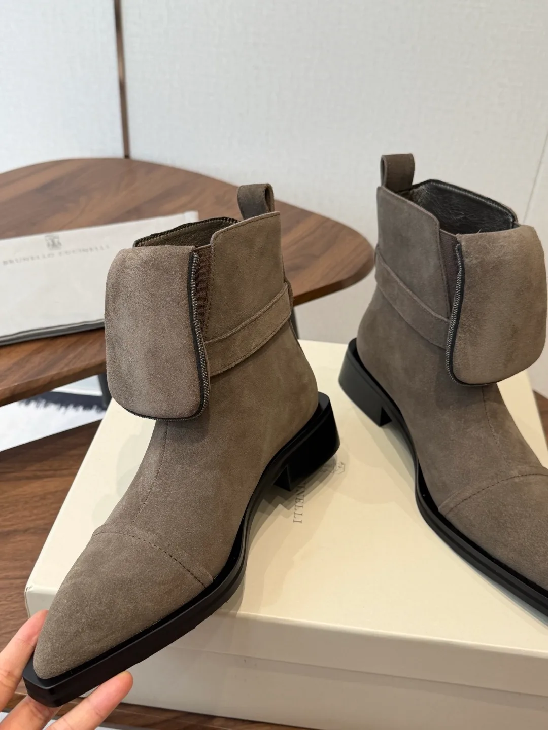 Brunello Cucinelli Glossy Suede-Look Pointed-Toe Ankle Boots in Grey · view 5