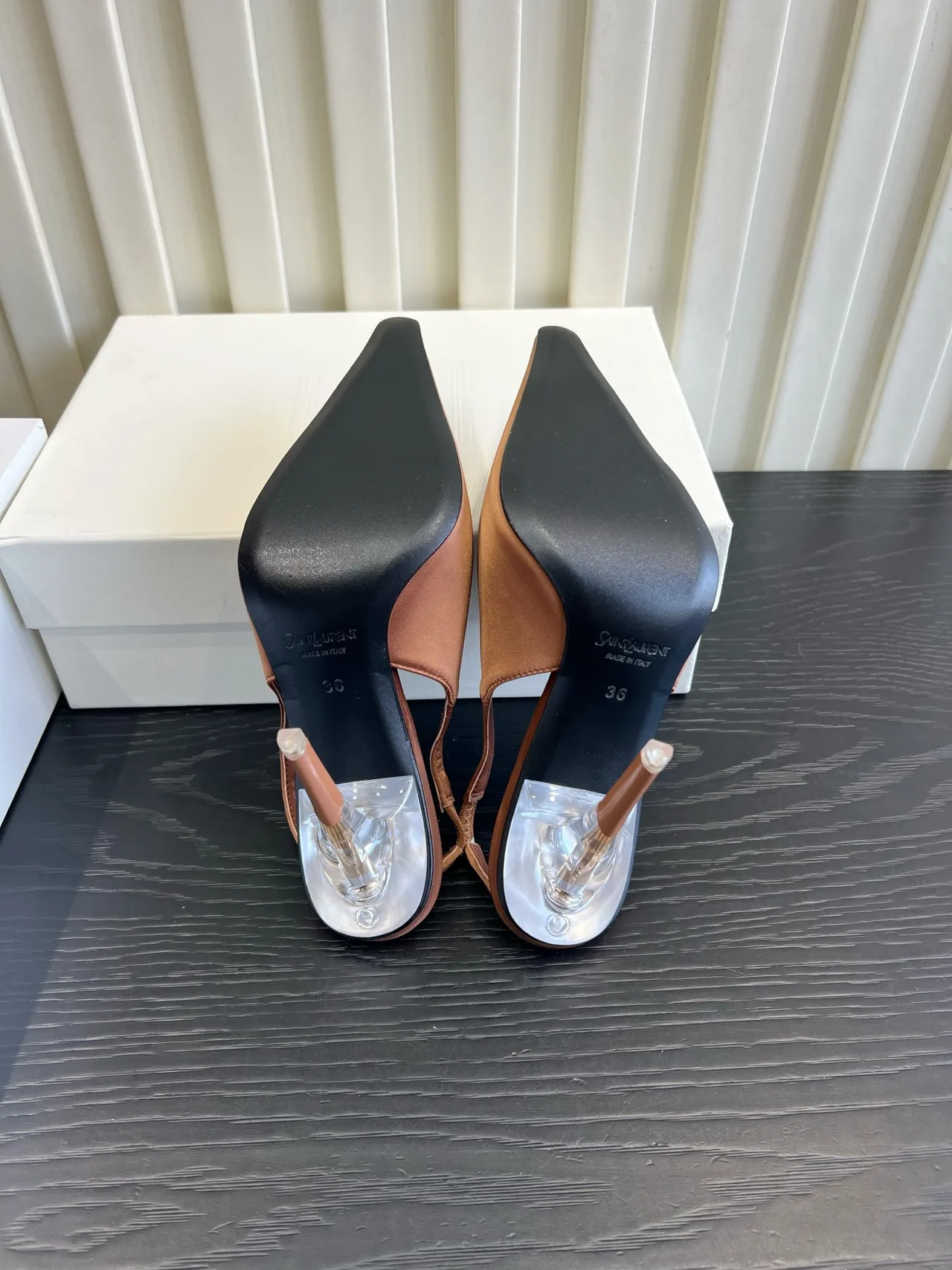 Saint Laurent Cowhide Silk Glossy Pointed-Toe Slingback Heels in Brown · view 6