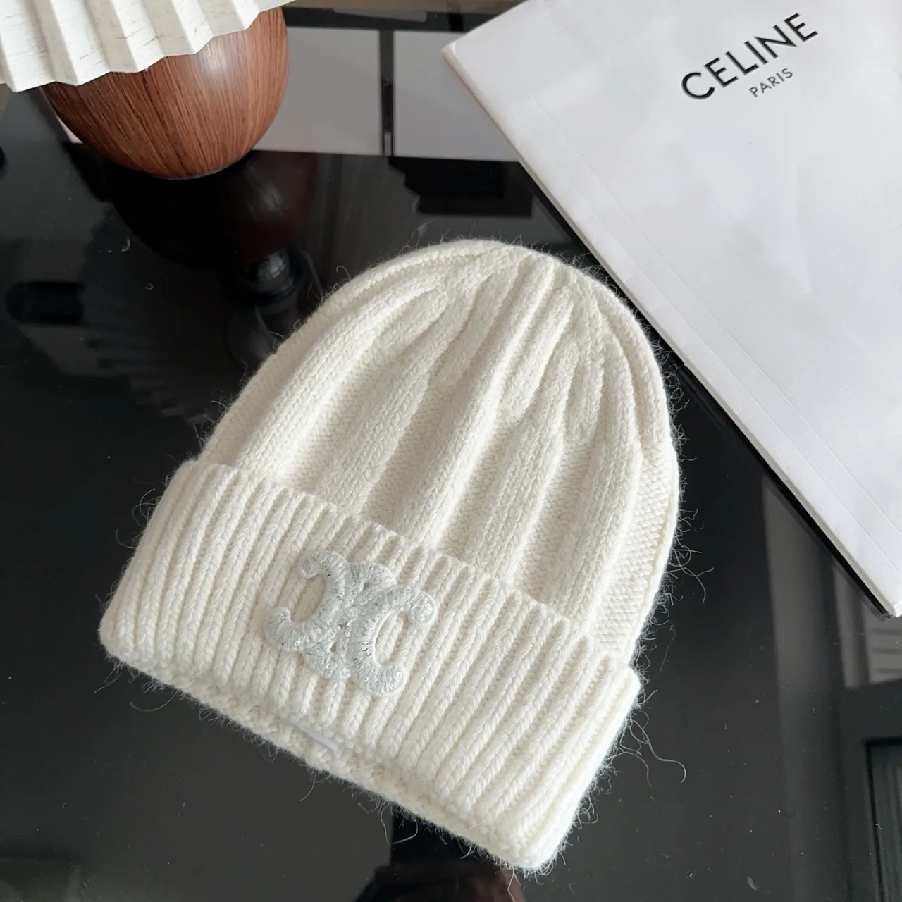 Celine Ribbed Glossy Beanie in White · view 6