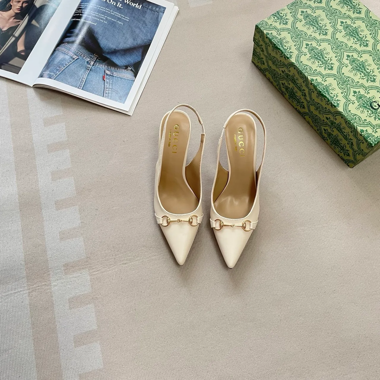 Gucci Horsebit Slingback Pumps in Black / White / Blue / Beige · view 2