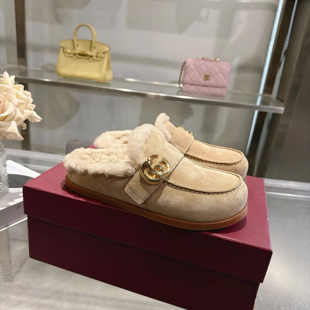 Gucci Cowhide Wool Suede-Look Slippers in Beige · view 1