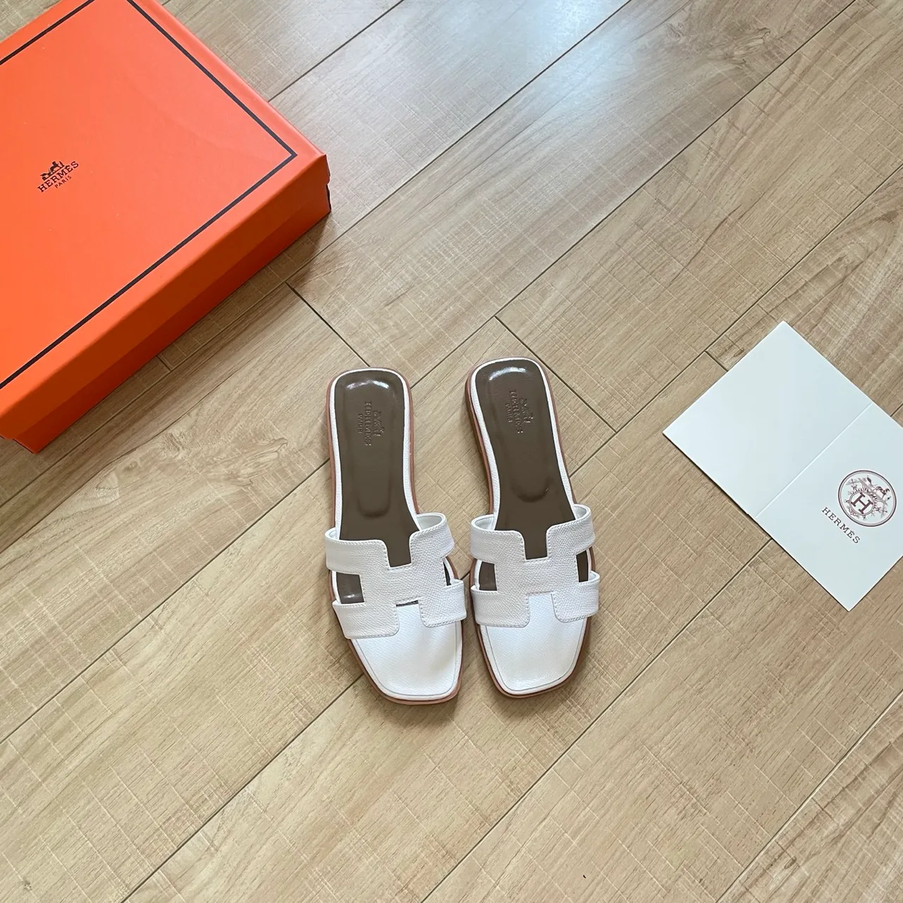 Hermes H-Strap Slides in Pink / White / Brown / Blue · view 2