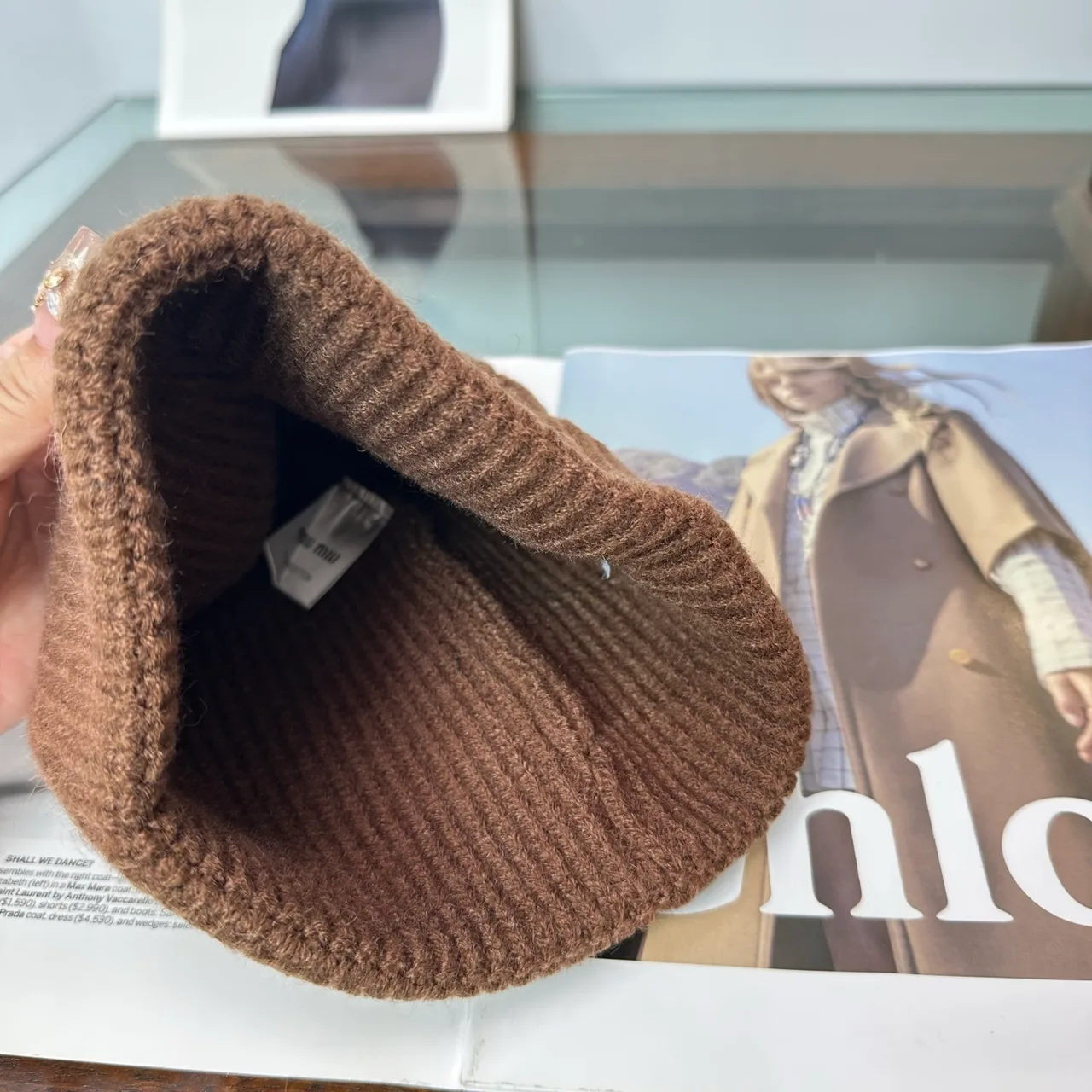 Miu Miu Logo knit beanie in Brown & Grey & Black & White & Beige · view 7