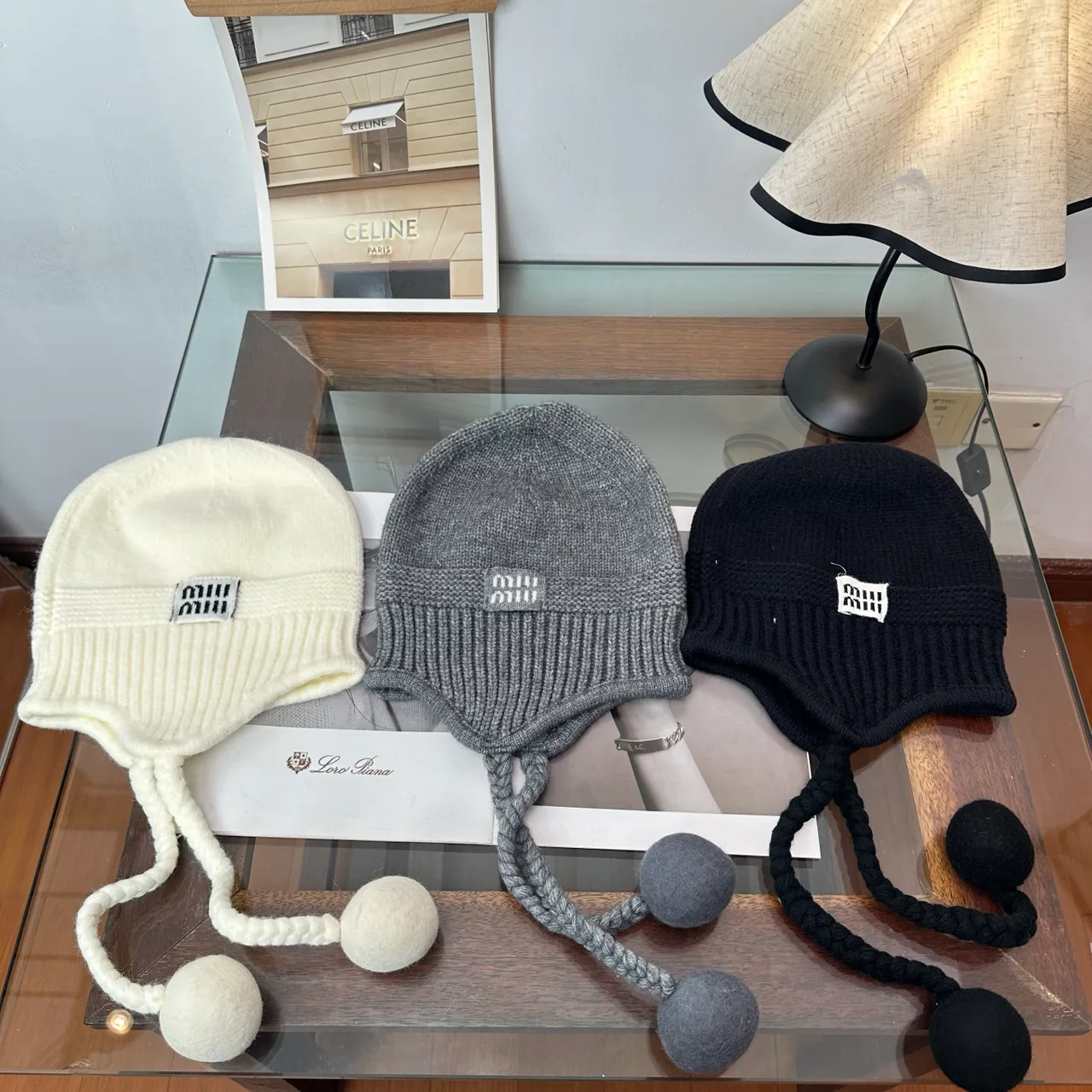 Miu Miu Earflap Beanie in Beige & Grey & Black · view 2