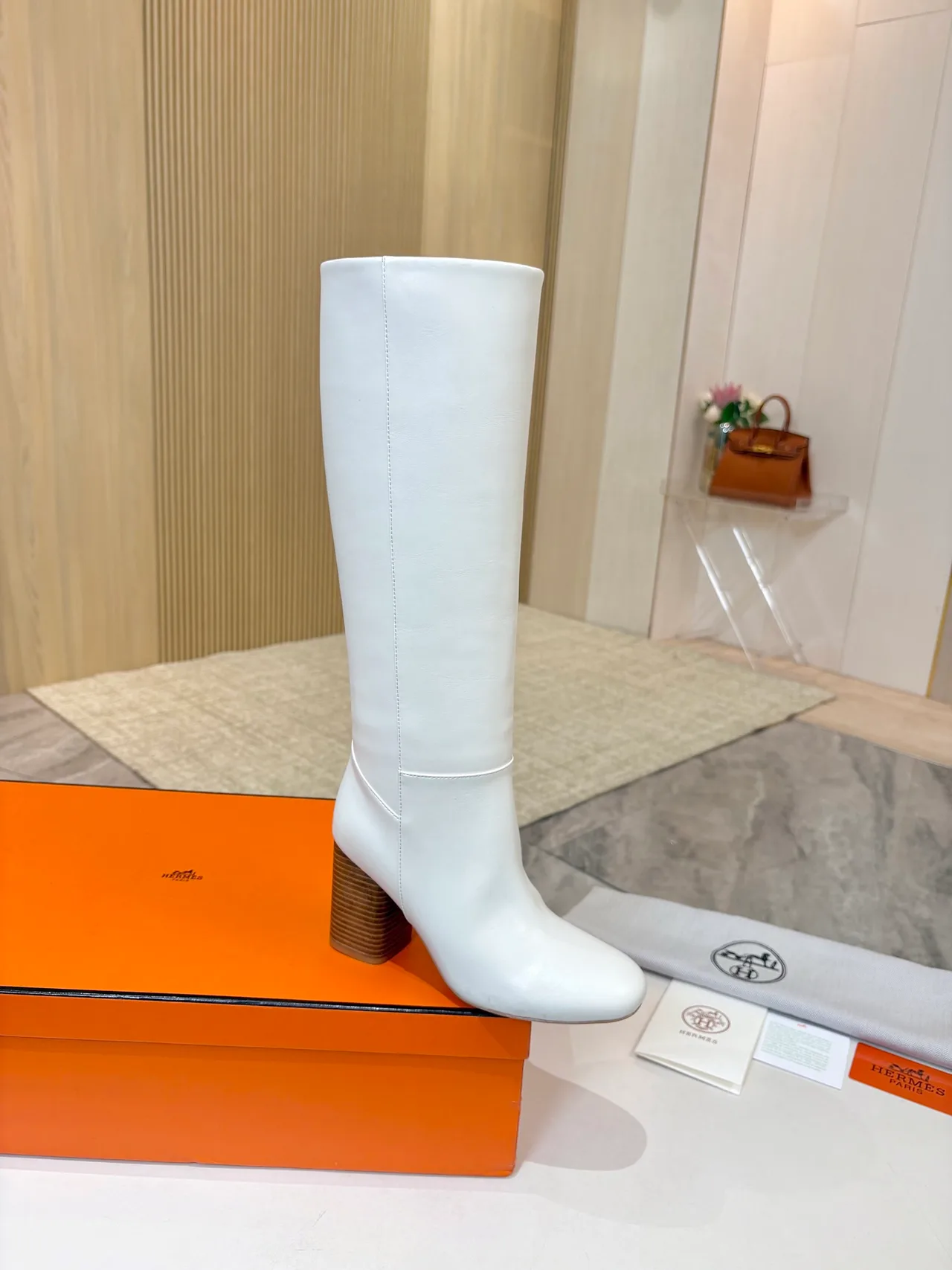 Hermes Cowhide Glossy Knee-High Boots in White · view 2