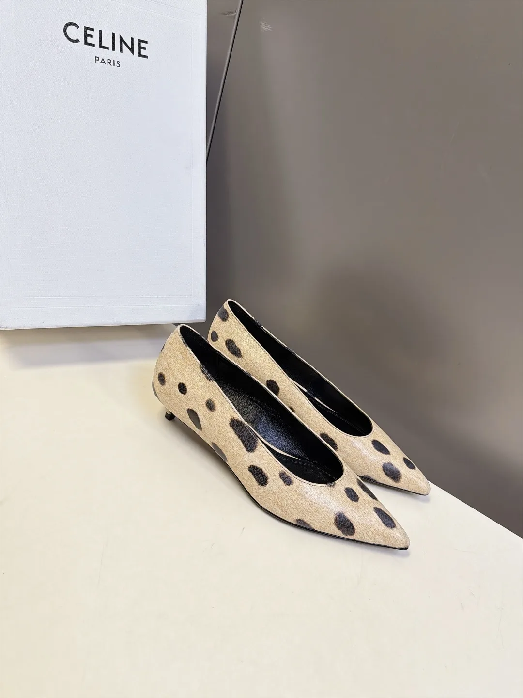 Celine Lambskin Pointed-Toe Spotted Kitten Heel Pumps in Beige · view 2