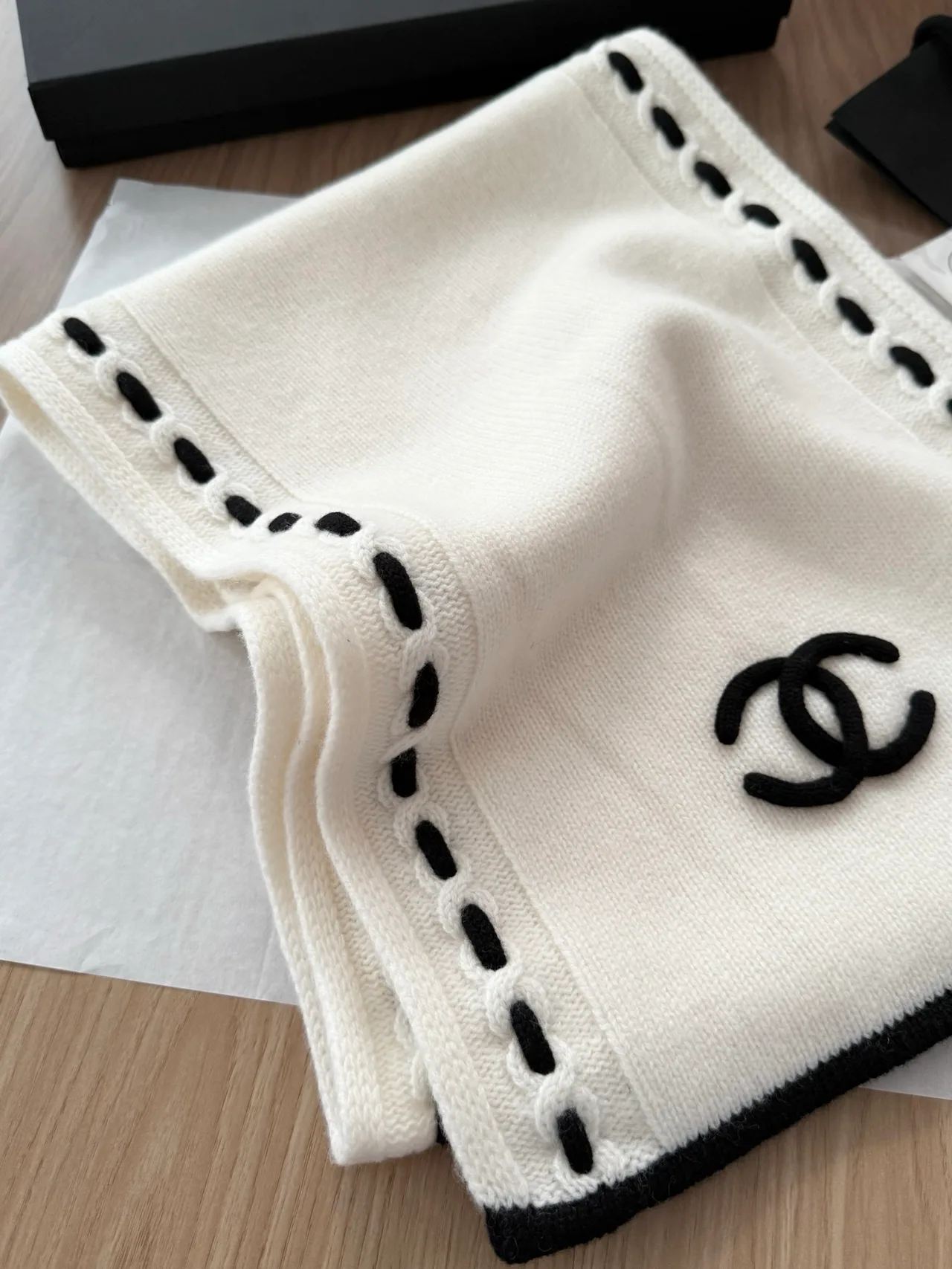 Chanel Cashmere CC Knit Scarf in Cream · view 6