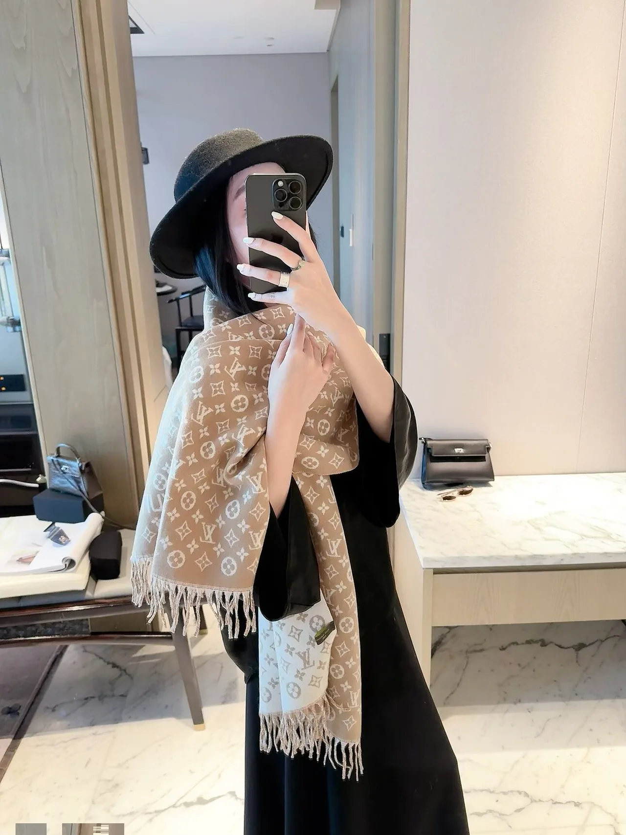 Louis Vuitton Fringed Monogram Scarf in Tan & Black · view 3