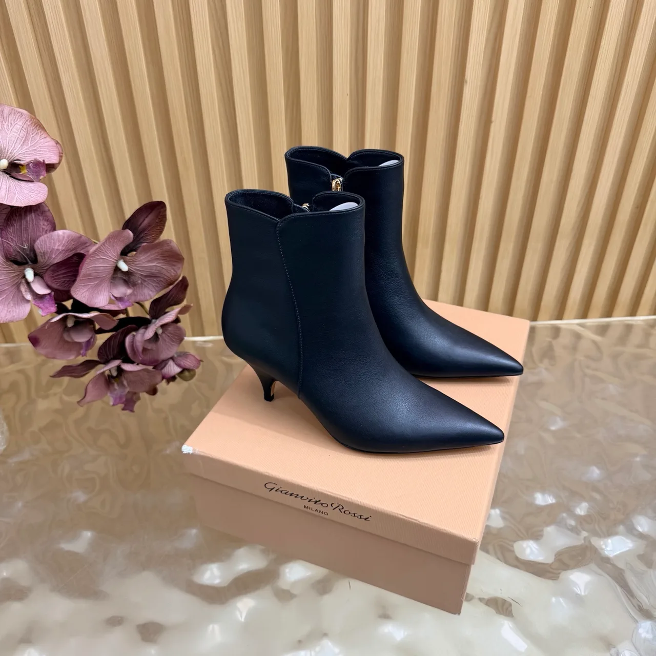 Gianvito Rossi Glossy Pointed-Toe Ankle Boots in Black · view 1