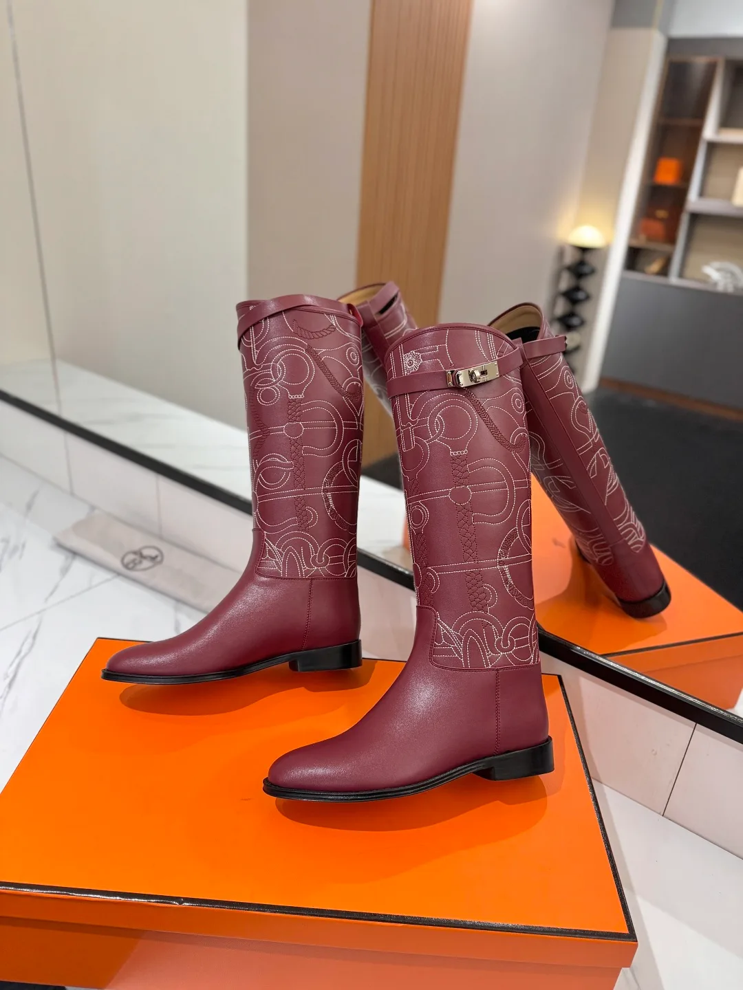 Hermes Cowhide Boots in Burgundy · view 4