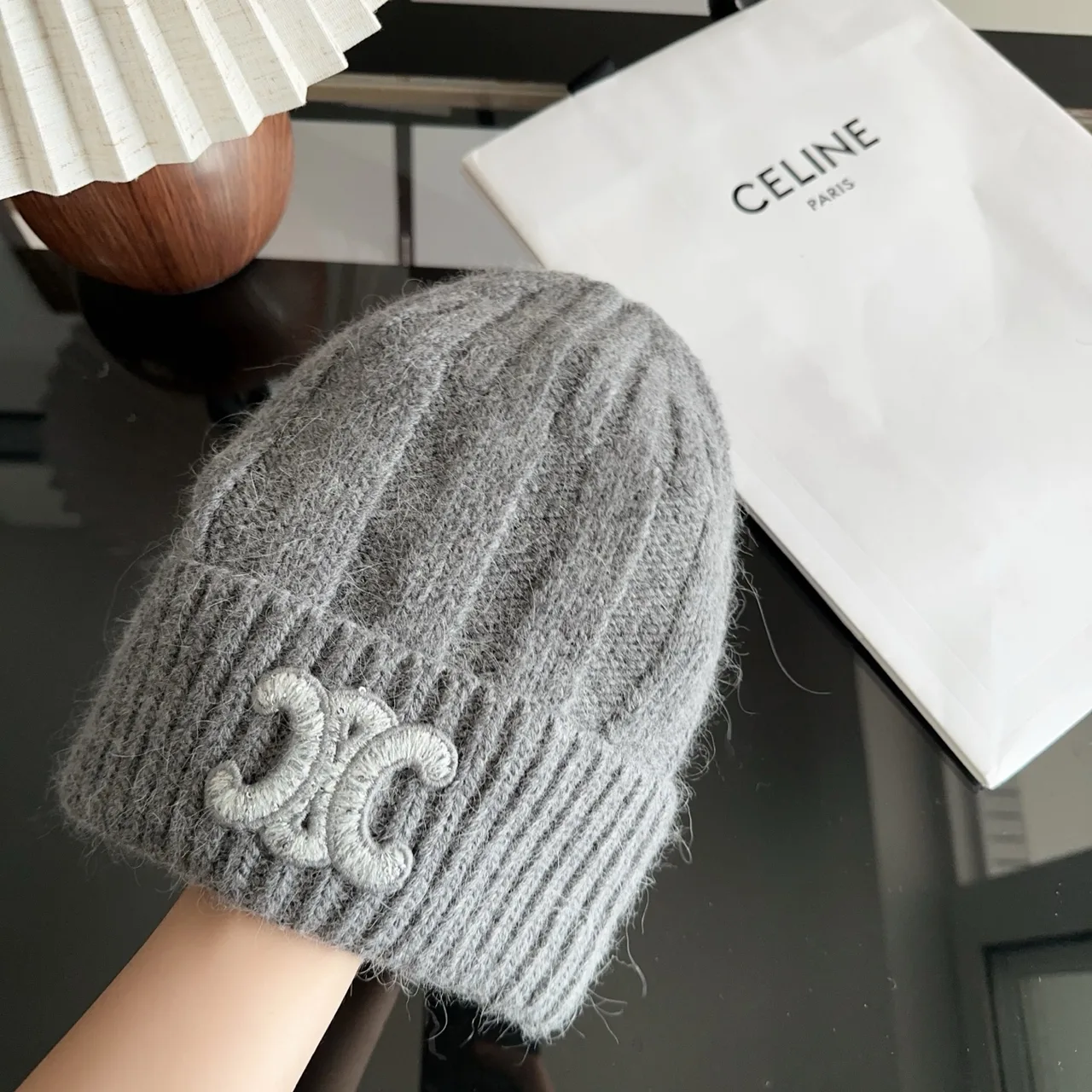 Celine Ribbed Embroidered Beanie in Grey · view 3