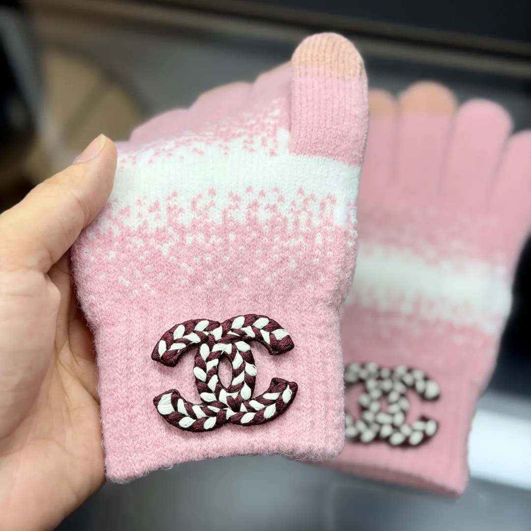 Chanel Ribbed Embroidered Beanie, Scarf and Gloves Set in Pink · view 8