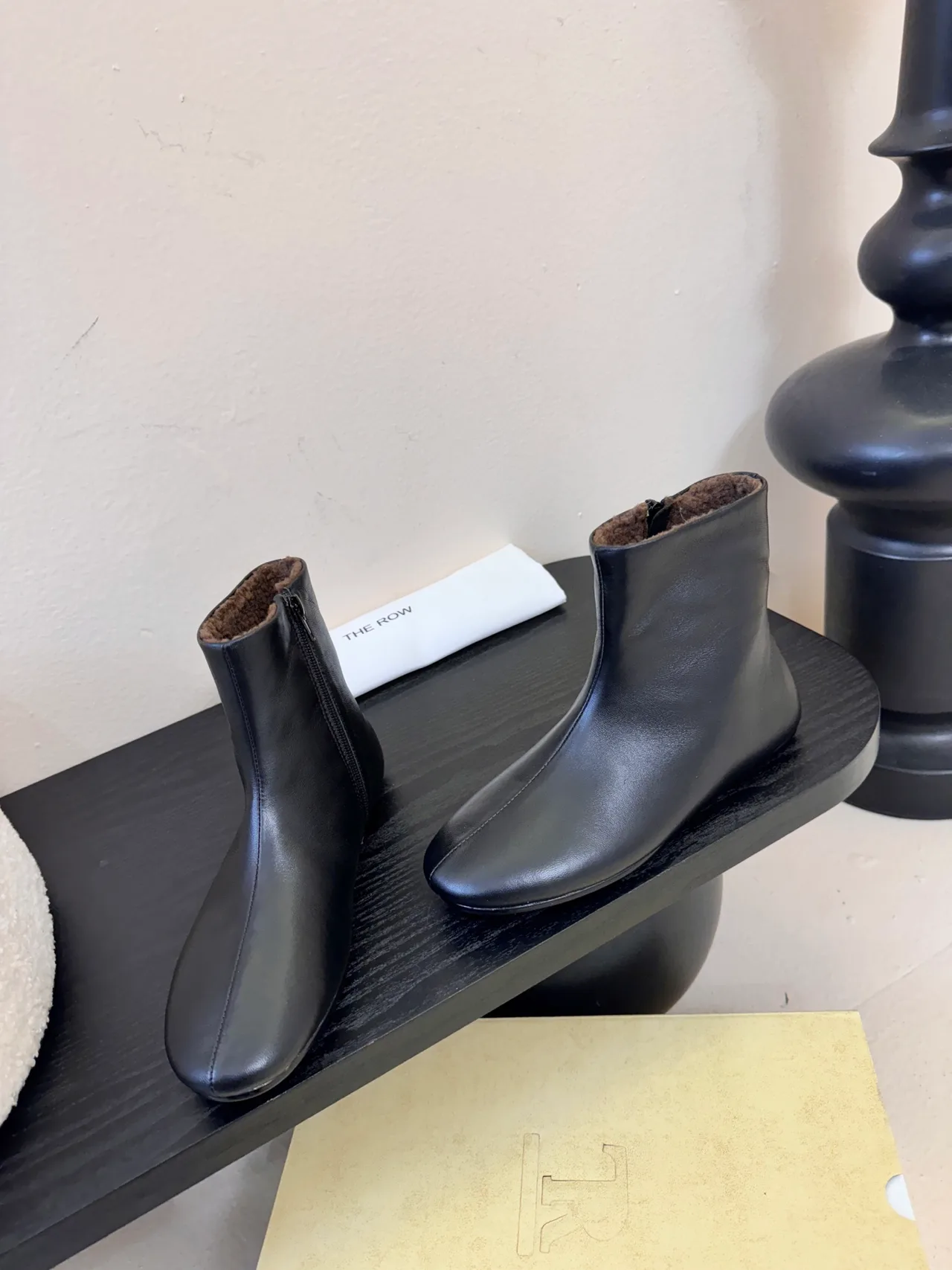 Glossy Round-Toe Lined Ankle Boots in Black · view 3