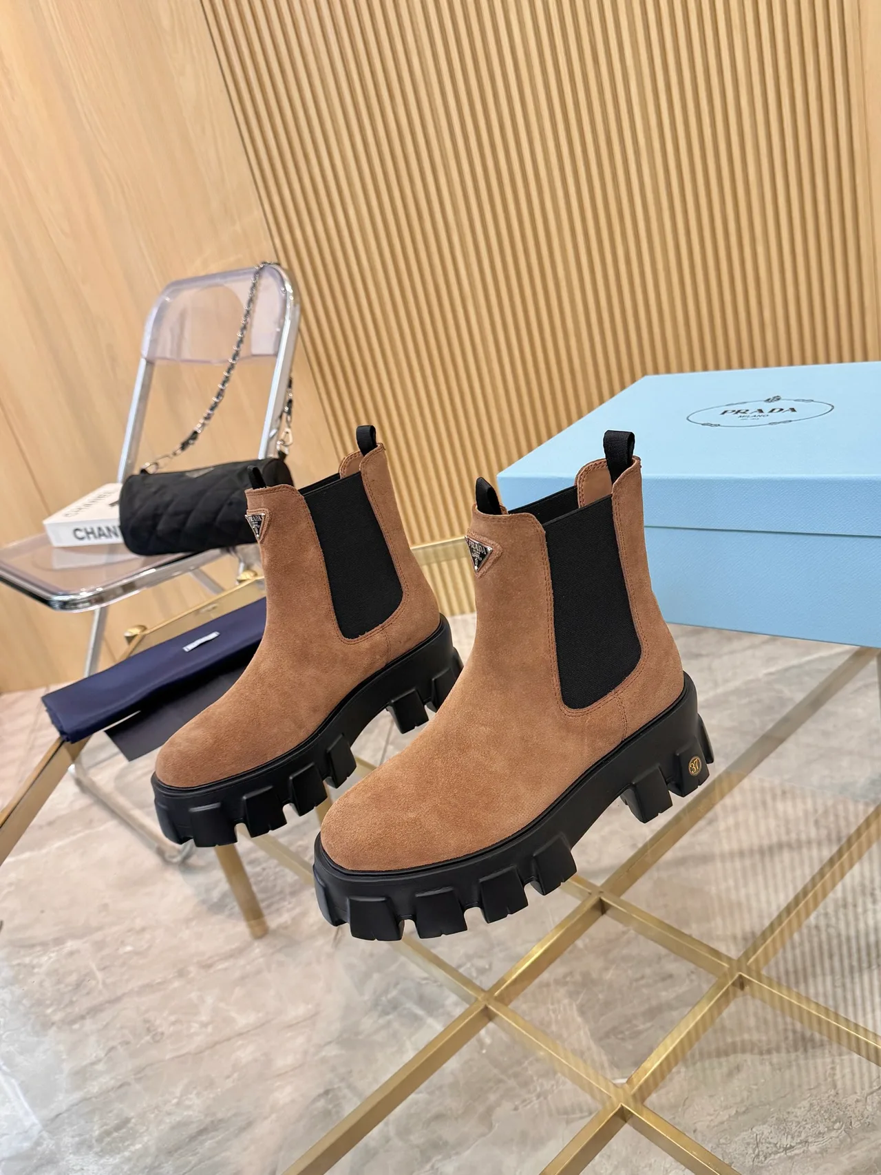 Prada Suede-Look Chelsea Boots in Brown · view 2