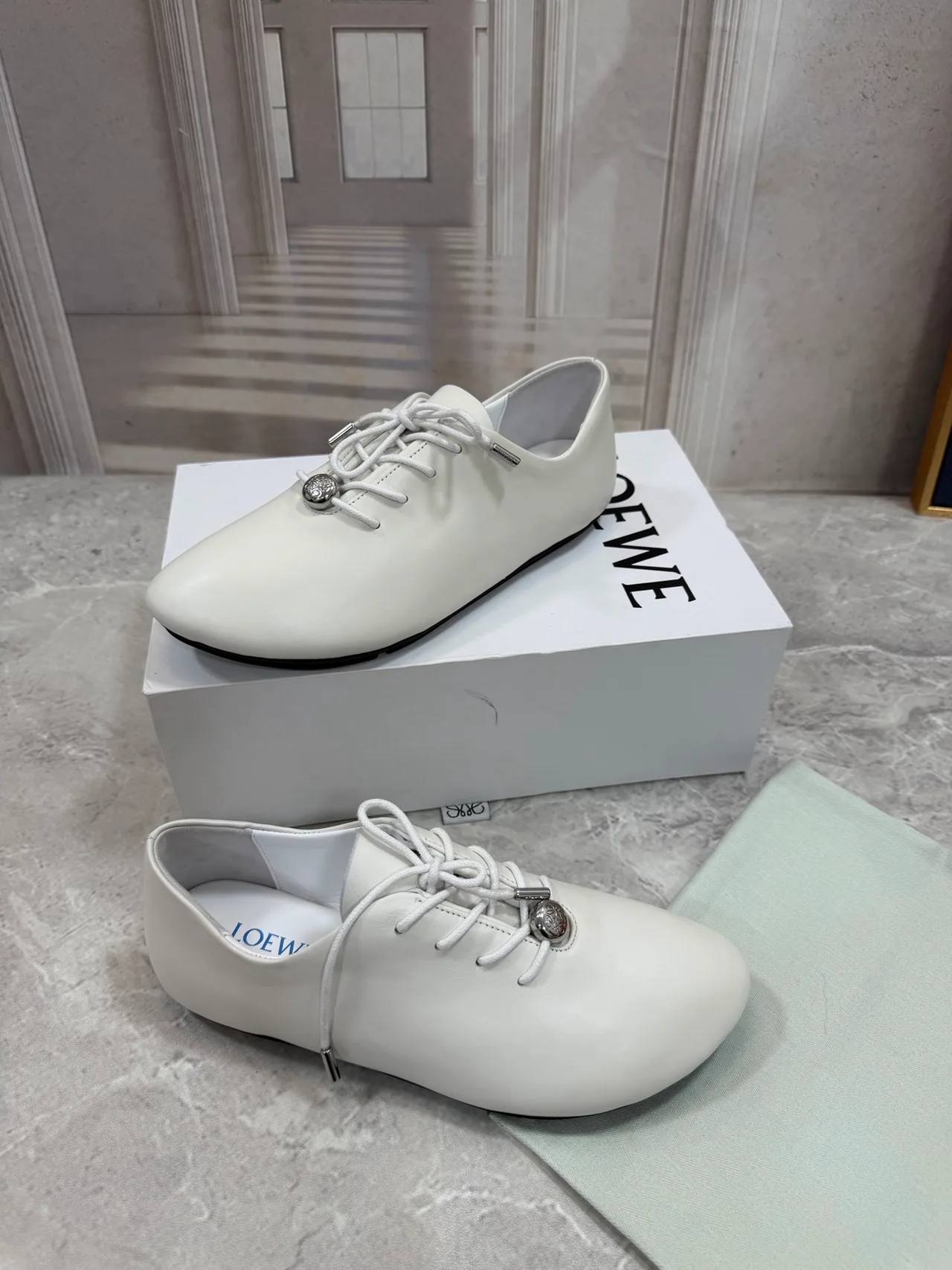 Loewe Sheepskin Round-Toe Lace-Up Shoes in White · view 2