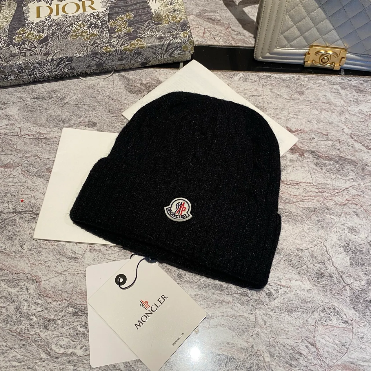 Moncler Cable-Knit Beanie in Burgundy & Cream & Tan & Blue & Grey & White & Black & Pink · view 7