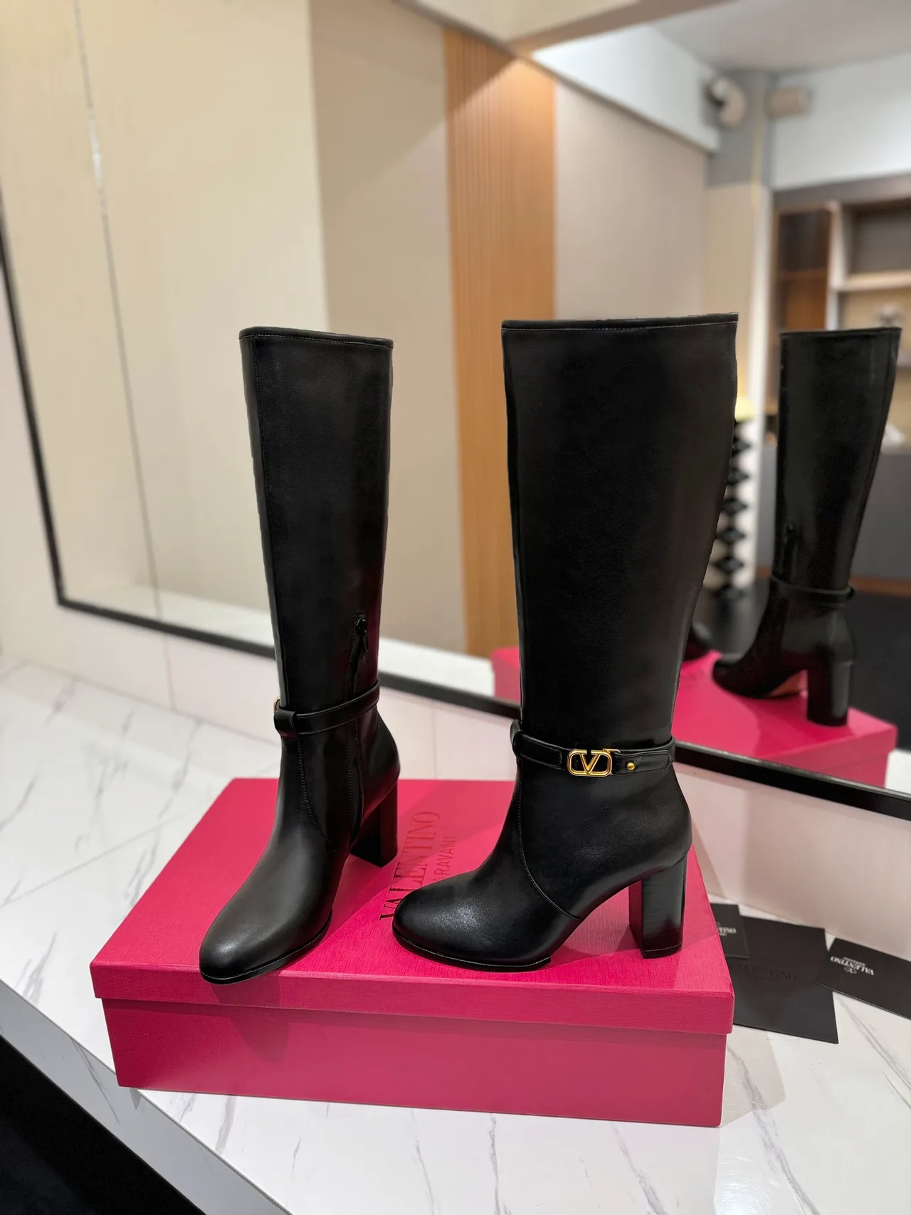 Valentino Calfskin Glossy Buckle Knee-High Boots in Black · view 6