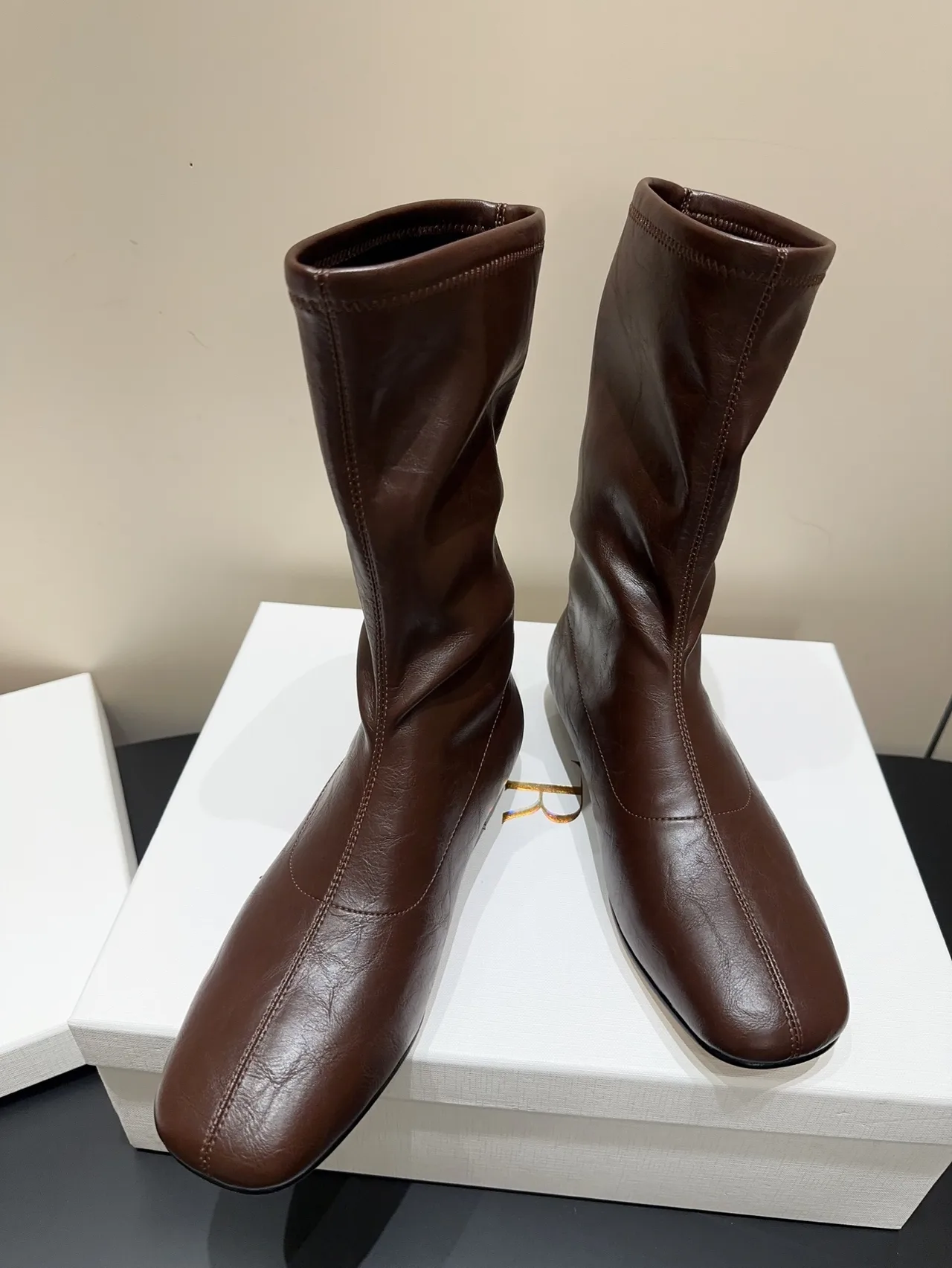 The Row Cowhide Sheepskin Glossy Round-Toe Square-Toe Ankle Boots in Brown · view 2