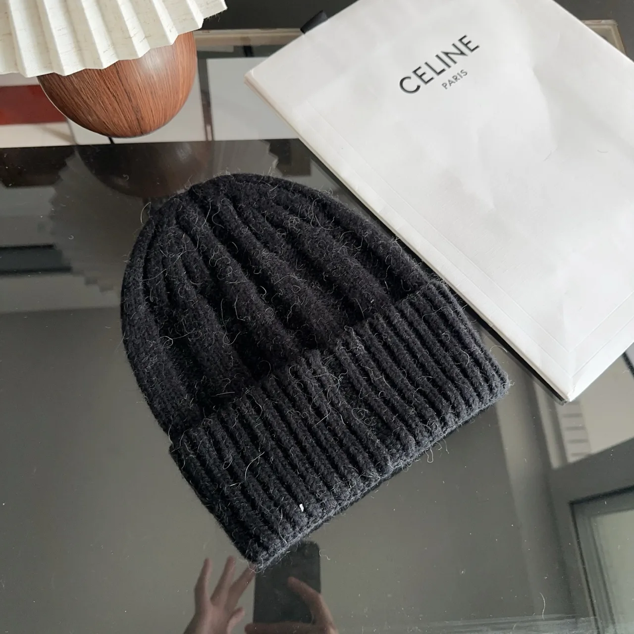 Celine Ribbed Beanie in Black · view 6