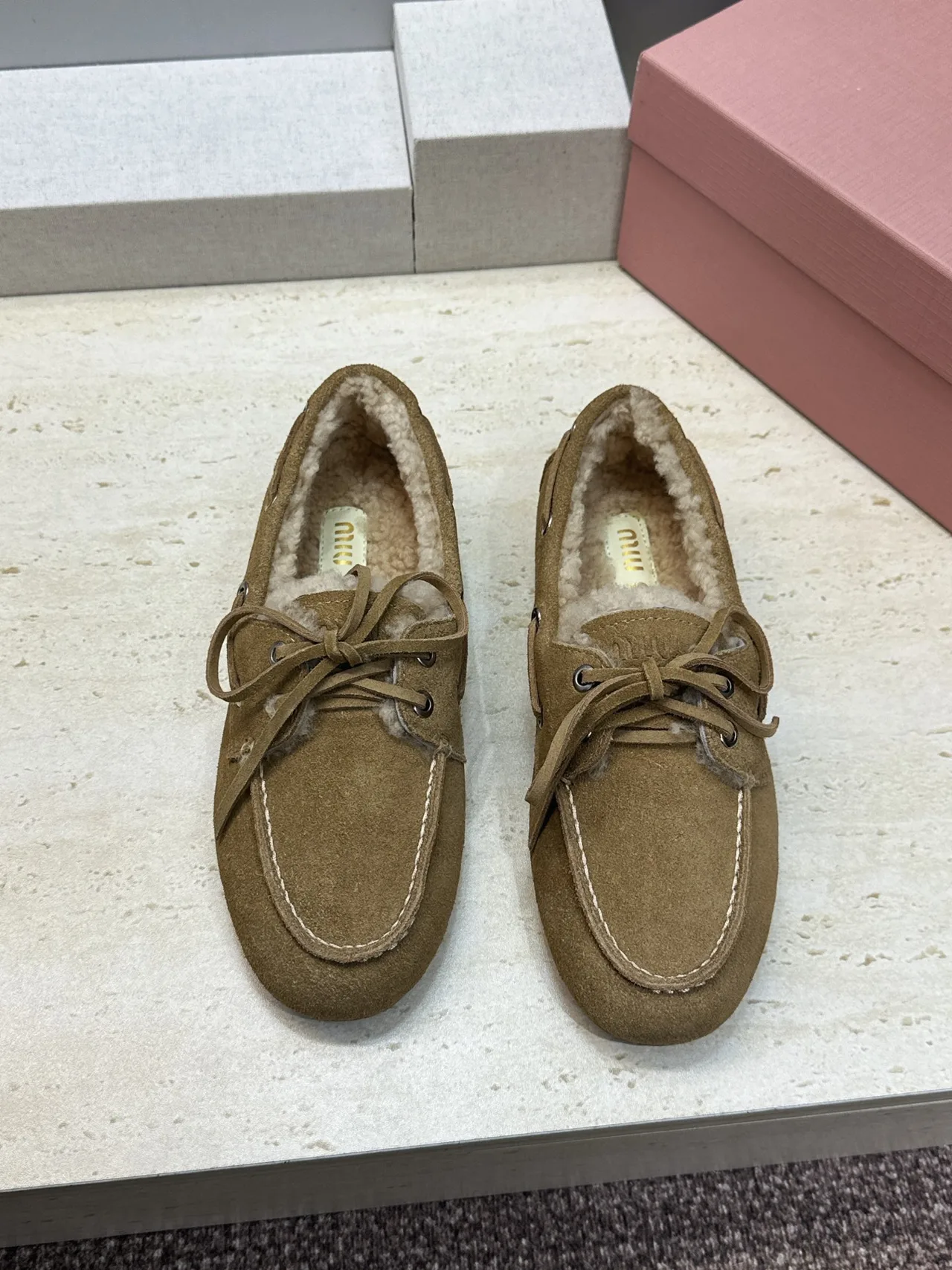 Miu Miu Calfskin Suede-Look Round-Toe Lace-Up Lined Moccasins in Brown · view 3