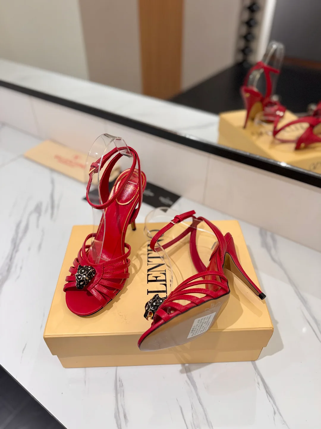 Valentino Pointed-Toe Crystal Cage Heel Sandals in Red · view 5