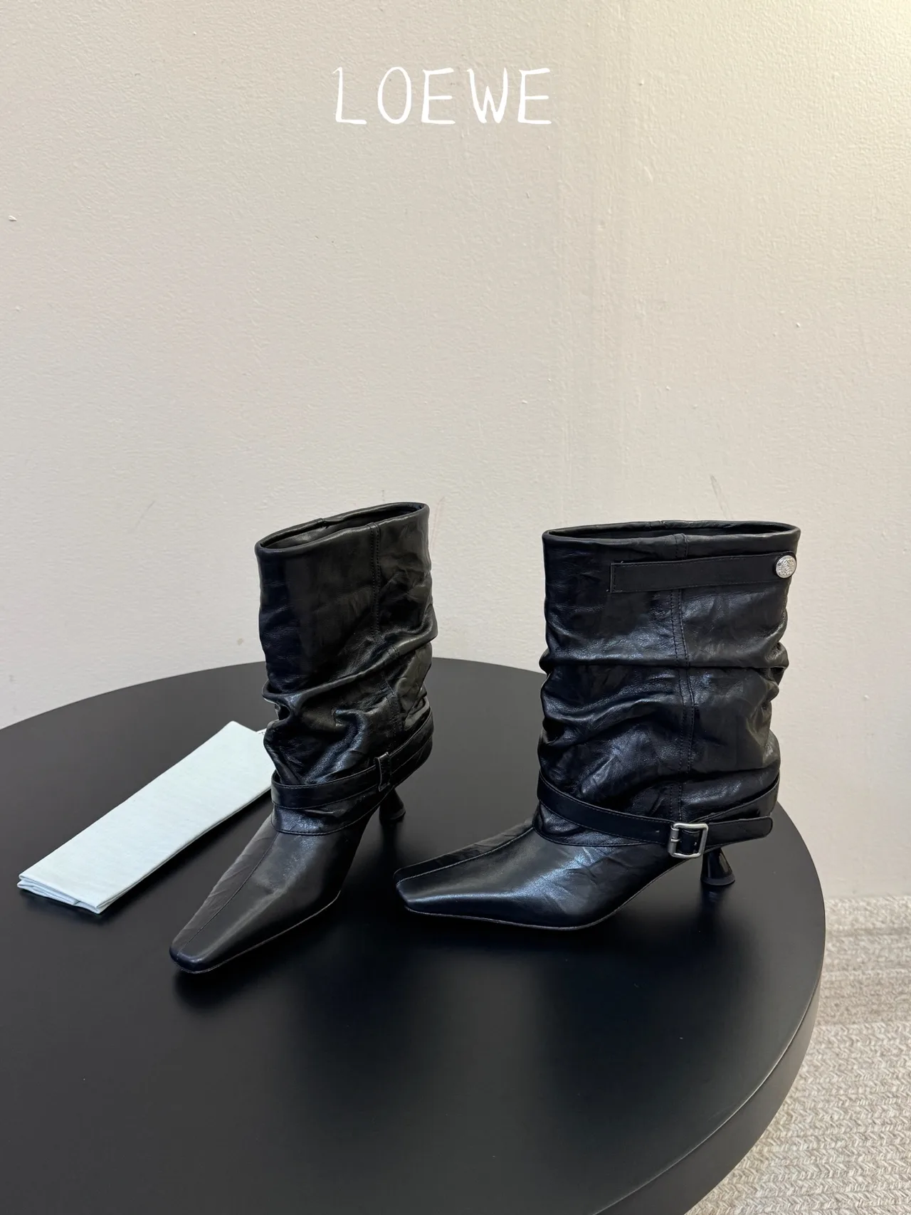 Loewe Cowhide Square-Toe Buckle Ankle Boots in Black · view 3