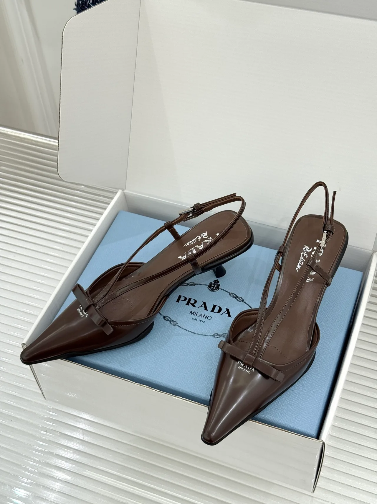 Prada Lambskin Pointed Slingback Pumps in Brown · view 3