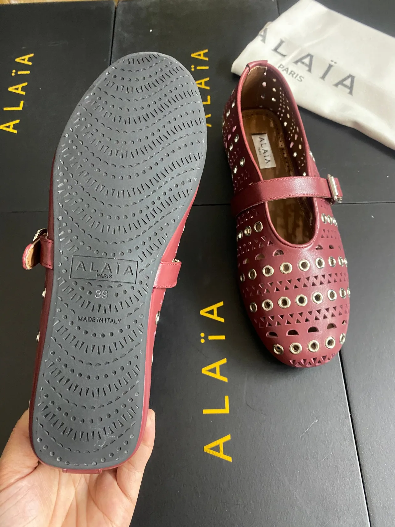 Alaia Cowhide Sheepskin Studded Mary Jane Flats in Burgundy · view 7